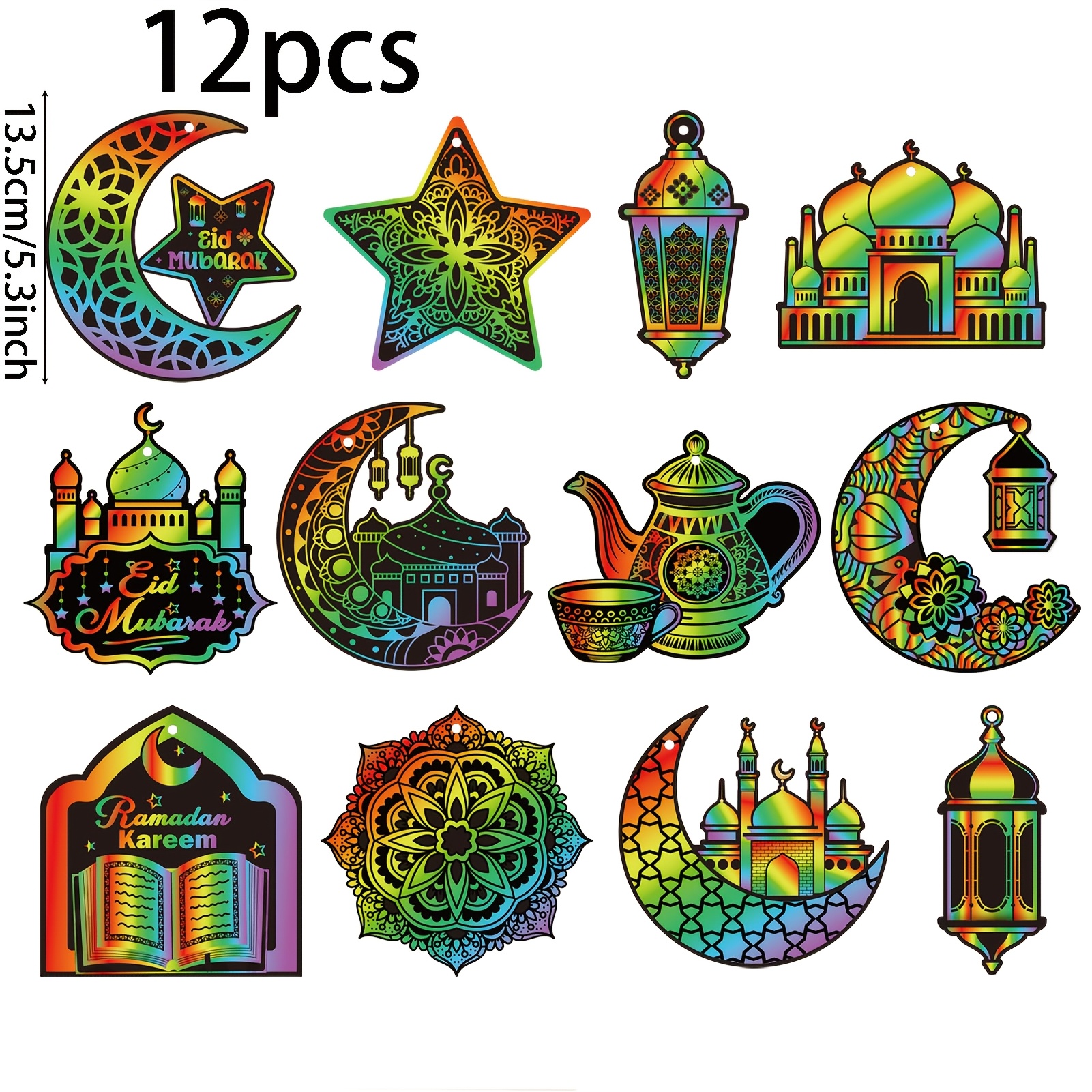Image of 12pcs Ramadan Scratch Paper Art Kit, For Magic Off Cards Hanging Ornaments Craft For Eid Holiday Party Favor Supplies Classroom Activity Paper Craft Gift Packaging Labels