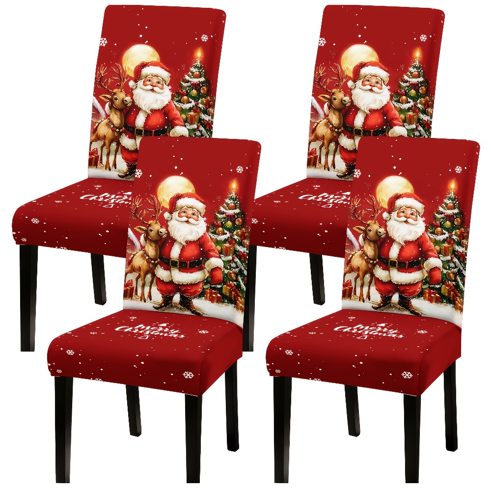 TEMU Funda Elástica Prehecha para Silla de Comedor, Funda para Silla con Estampado de Escena de Navidad con Renos de Santa Claus, Árbol de Navidad,