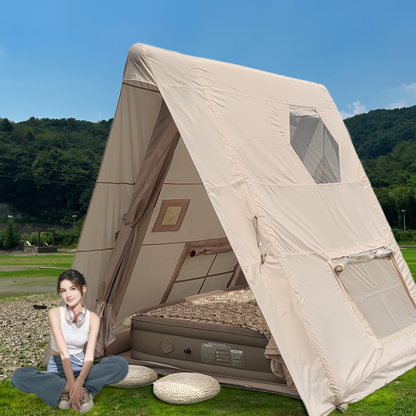 PAKICETUS 6-Person Inflatable Family Camping Tent with Wind-Resistant Triangular Structure & All-Weather Stability - Easy Setup, Spacious Floor Area, Clear Window Panels & Ventilation System, Portable Storage Bag Included, Durable & Sturdy Frame for Year-Round Use, Ideal for Family Camping, Hiking, Backpacking - Beige/Gray Color Options Available (Ideal for 6-Person Groups)