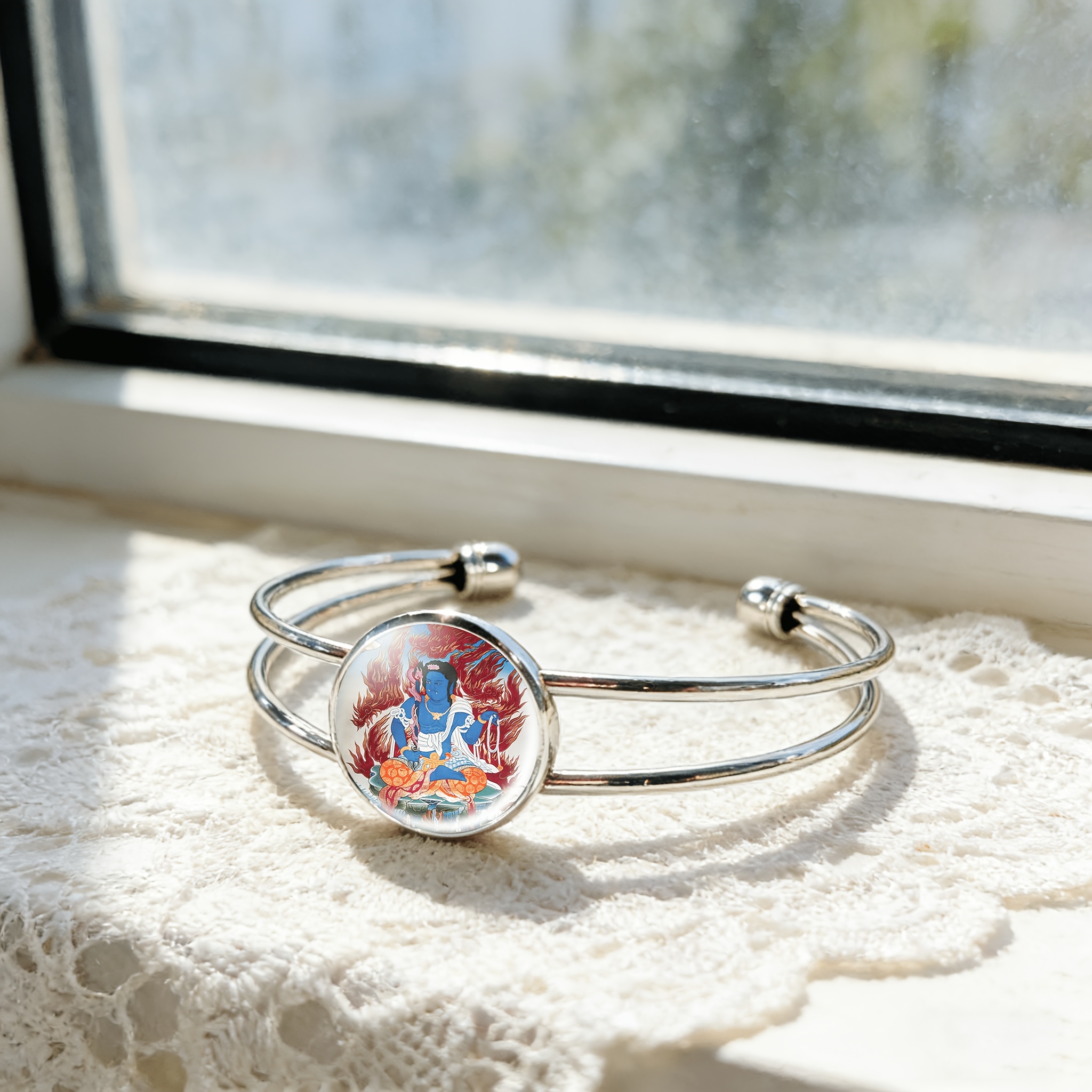 Adjustable Open Bangle Bracelet with Round Time Gemstone
