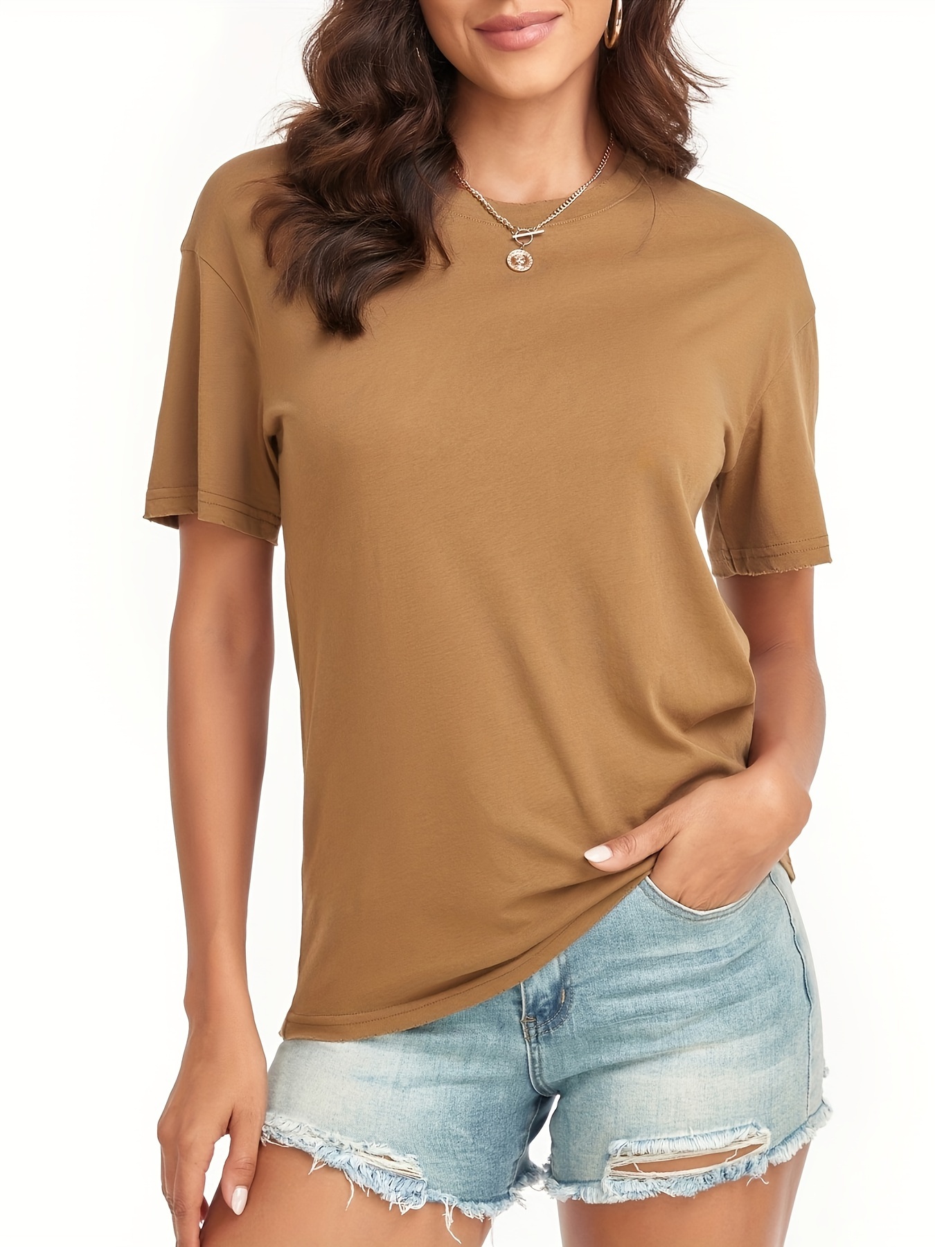 solid color crew neck t shirt casual short sleeve t shirt for spring summer womens clothing linen 0