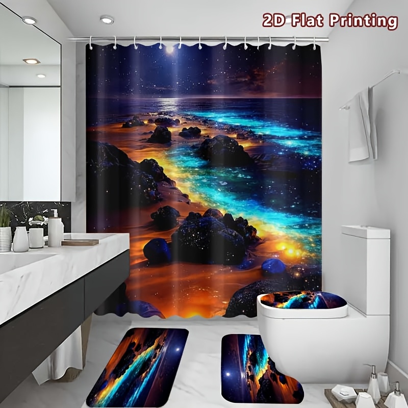 4pcs Ocean Night View Shower Curtain Set with U-Shaped Pad