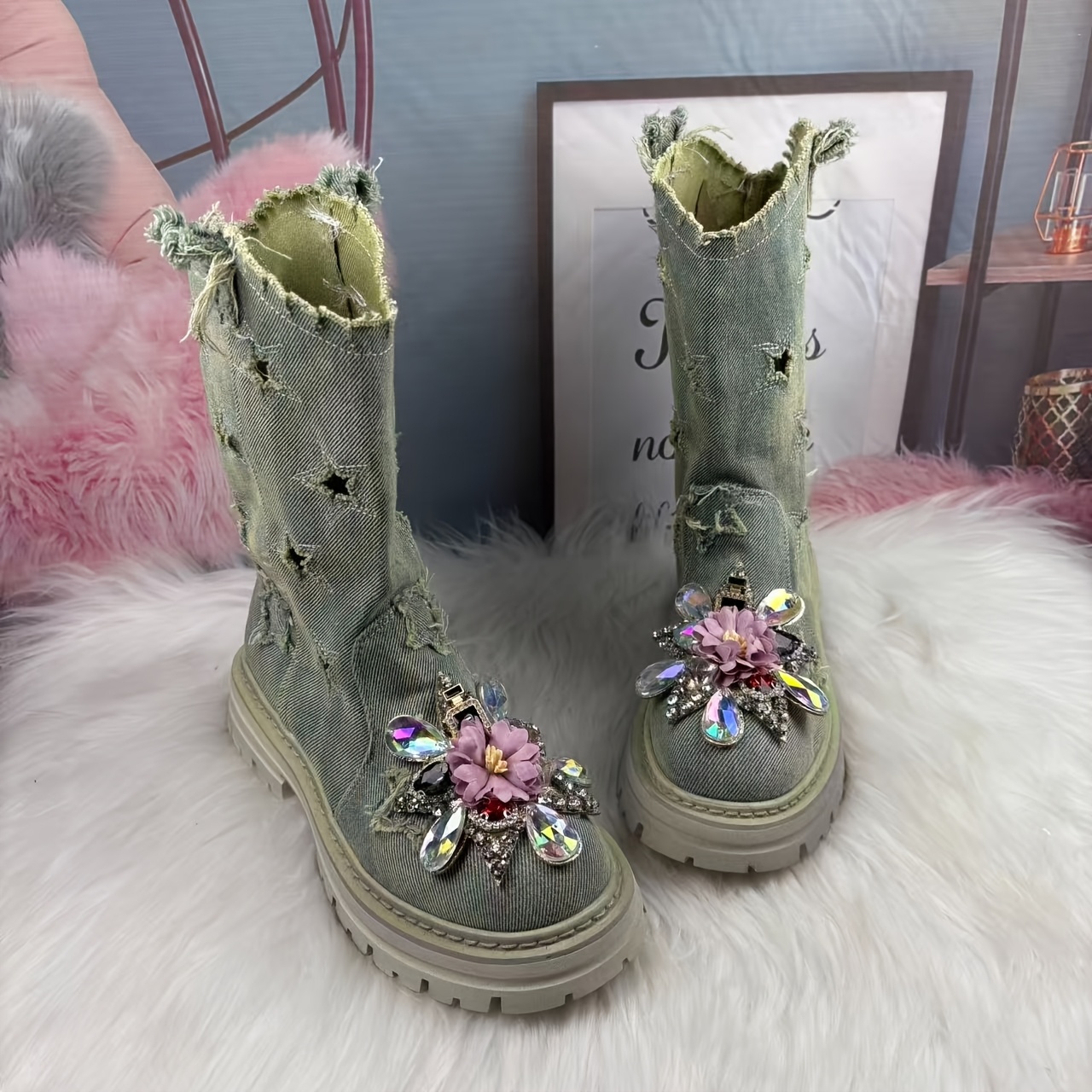 TEMU Muguan 18180 Women's Vintage Distressed Hole Chunky Heel Mid-calf Boots, Comfortable Breathable Mid-calf Boots, Casual All-match Fashion Women's