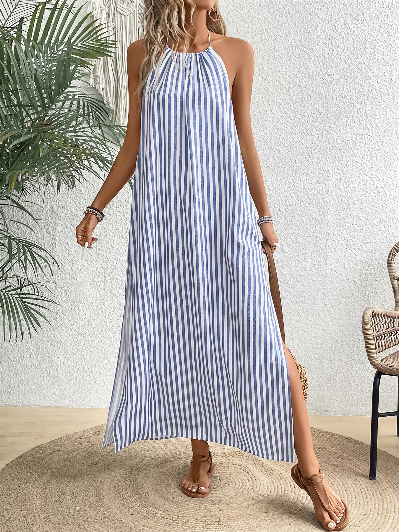 Black Backless Very Low Backless Dress Elegant Striped Backless Halter  Dress Fringe Tie High Slit Temu Mexico