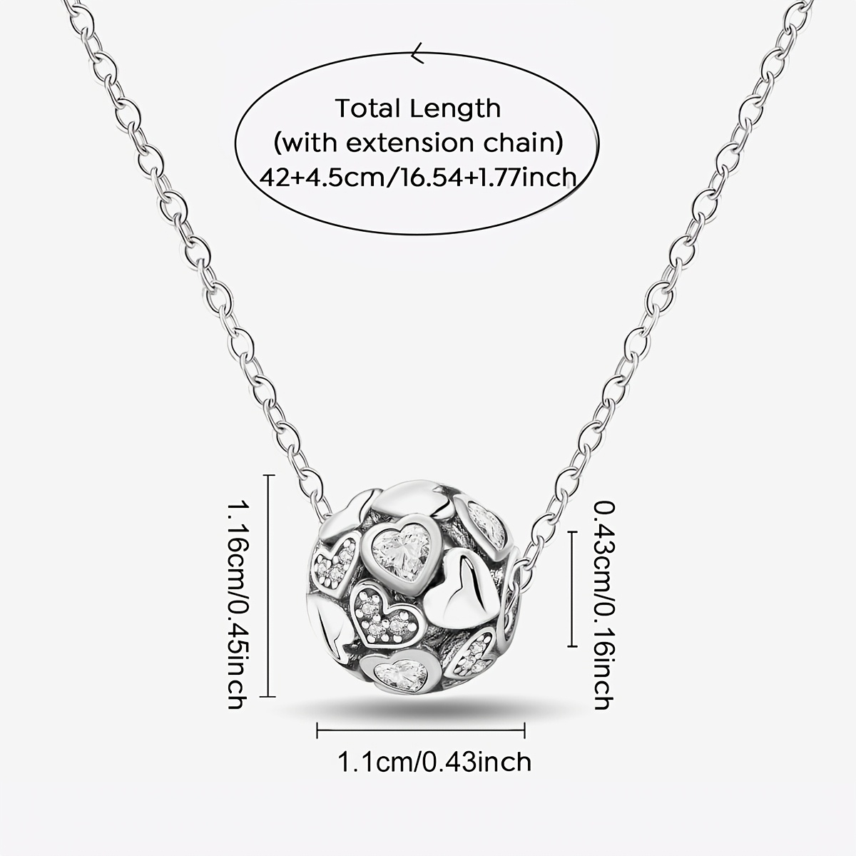 Women's Heart Shape Charm Beads Pendant Necklace, 925 Silver Plated