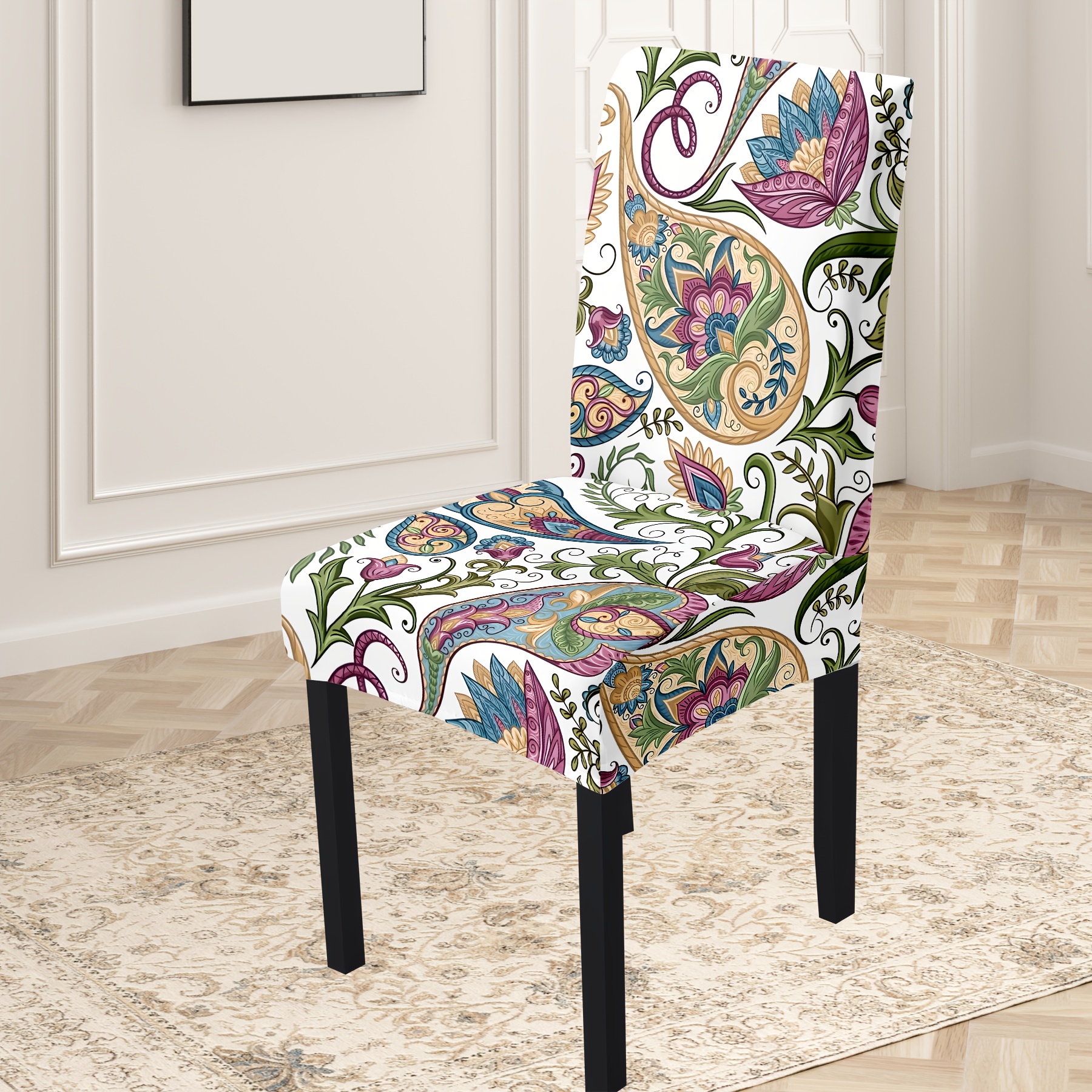 

Bohemian White Print Chair Slipcovers Set Of 4/6 - High Stretch Milk Silk Fabric, Machine Washable, Elastic Band, Non-fade, Dust-proof & Stain Resistant For Dining, Hotel, Garden Chair Decor