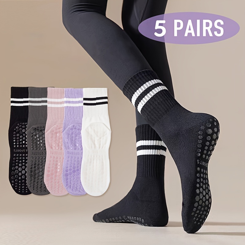 

5 Pairs Non-slip Athletic Socks, Comfort Striped Indoor Fitness Sporty Socks, Women's Stockings & Hosiery For Fall & Winter