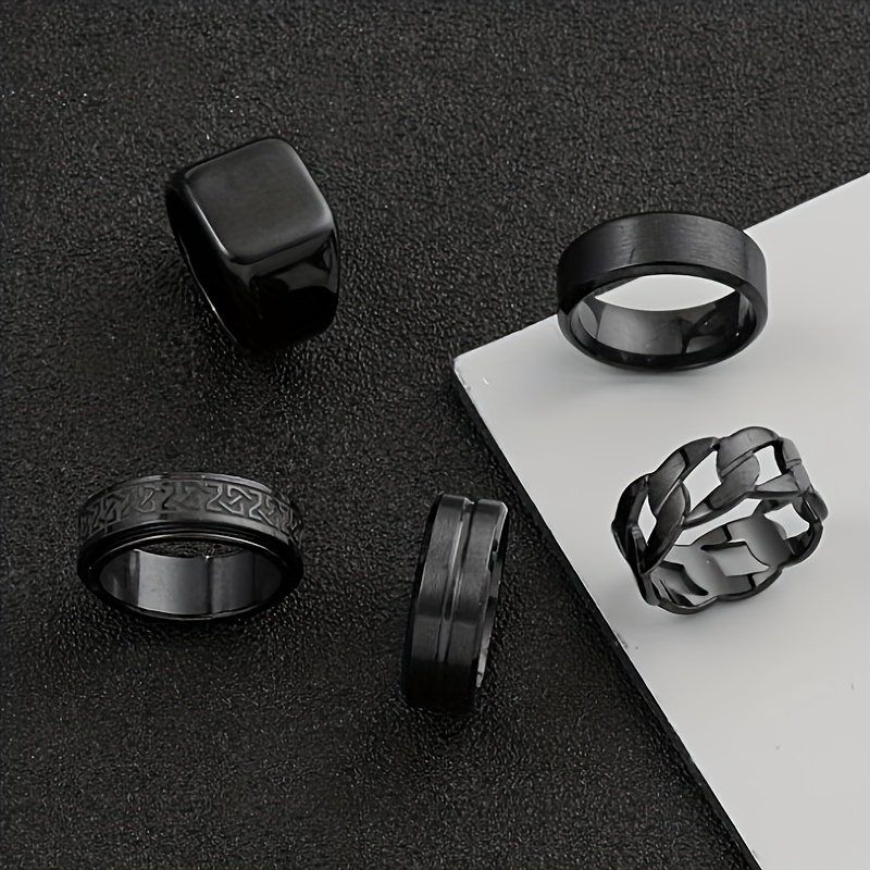 TEMU 5 Stylish Stainless Steel Ring Set, Rotatable Personalized Geometric Ring, Minimalist Hollow Ring Men's Wedding Dating Ring Set Additions