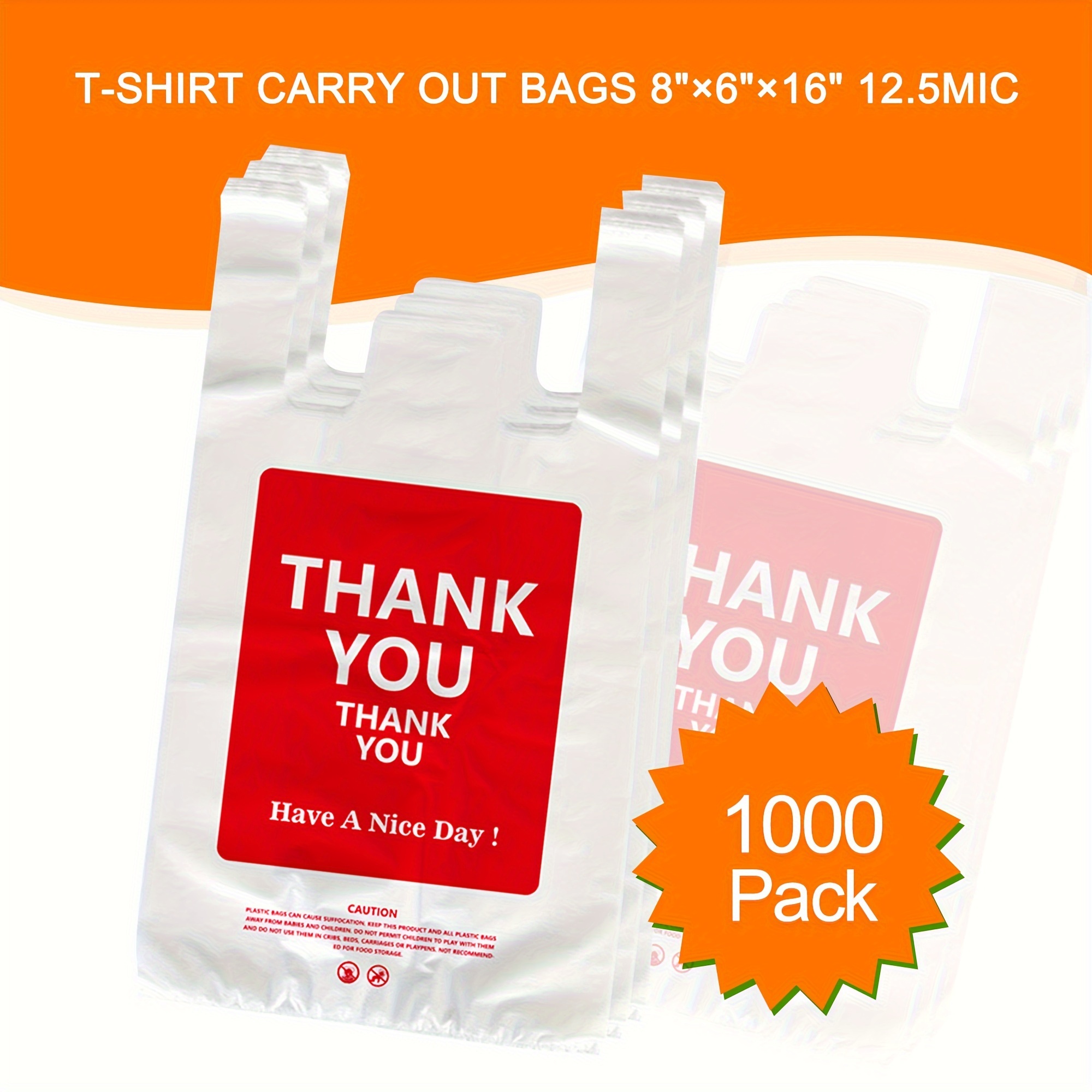 

1000 Count - Plastic Thank You Bags | 8" X 6" X 14" | 12.5mic White Grocery Bags, Plastic Shopping Bags With Handles - Ideal For Restaurants, Retail, Grocery Stores, Takeout, And Stores