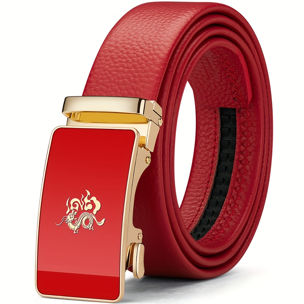 Dragon Pattern Leather Men's Belt w/Automatic Buckle for Casual/Formal Wear