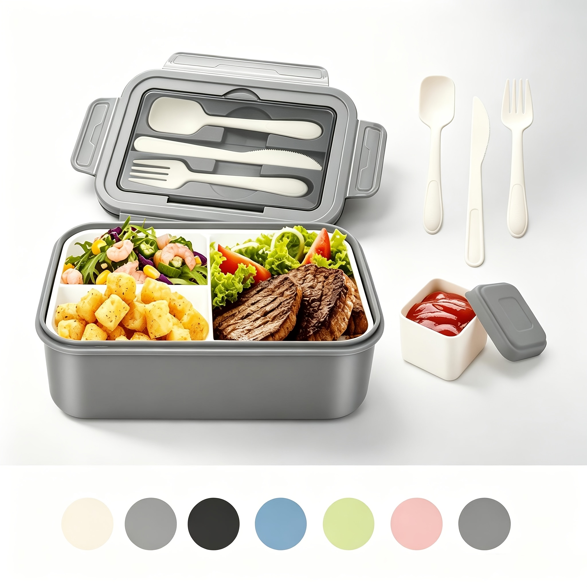 Image of Adult Bento Box 1400ml, Three-compartment Food Storage Box With Cutlery And Sauce Container, Reusable For Work Camping Travel