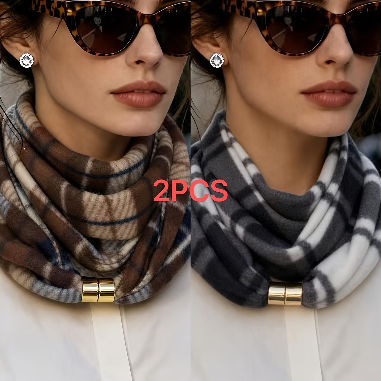 TEMU Lot de 2 nouveaux foulards élégants de style français, foulard à carreaux polyvalent, cache-col chaud de style , style tempérament de navetteur,