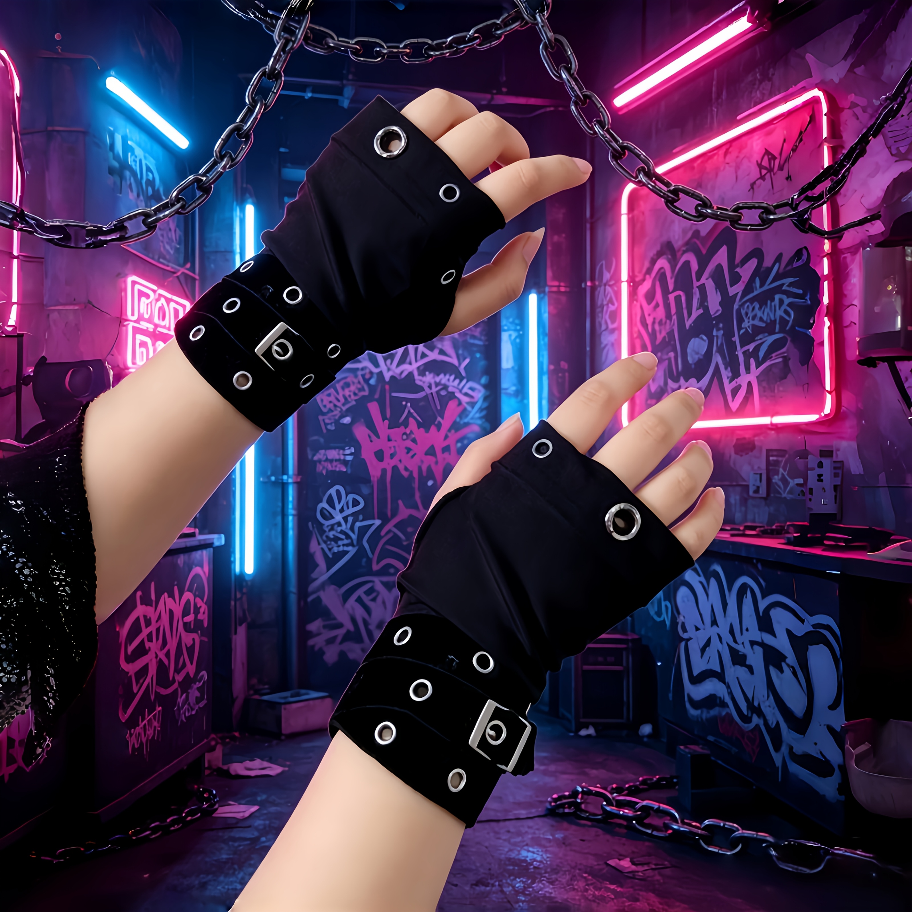 TEMU 1 Paire de Manchettes Style Punk Harajuku Hot Moto, Manchettes Style Dopamine pour Spectacle de Danse , Manchettes Style Mode Noir Style Moto,