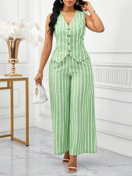 2025 and white striped fabric womens elegant sleeveless vest and pants set business commuter style summer womens 2pcs set womens workwear womens vacation outfit striped 2pcs set halloween fashion womens set spring and autumn