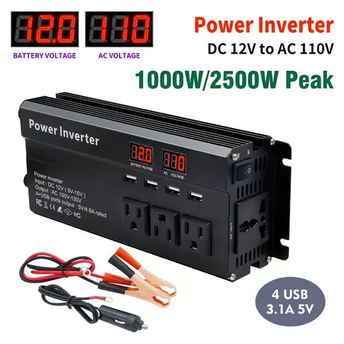 500w 1000w 2500w peak car power inverter 12v to 110v 120v to ac car inverter with 3 1a usb car adapter 4 outlets battery clips car plug for outdoor camping for car accessories tools gifts without battery
