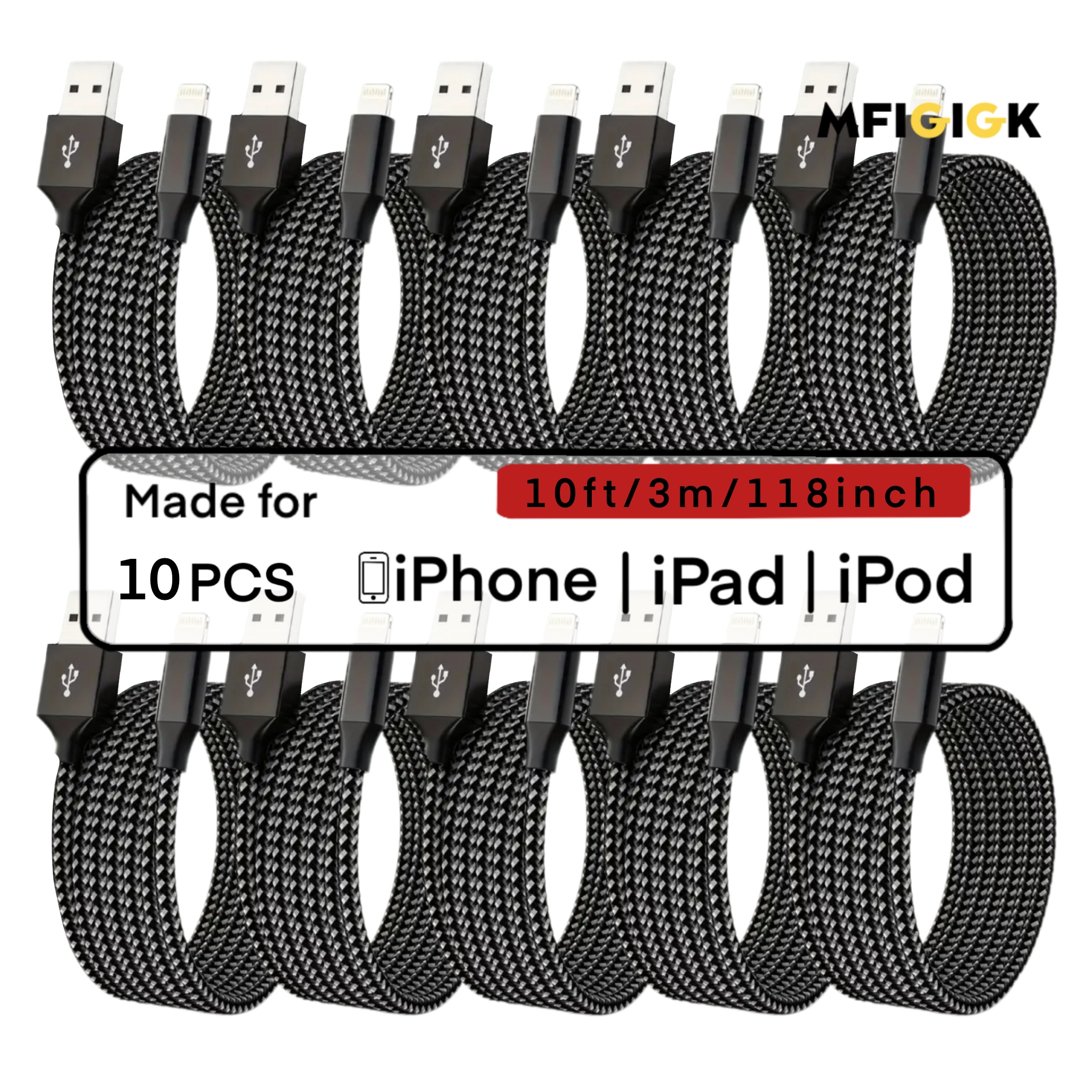 TEMU Mfiglgk 10pcs [mfi Certified] 10pcs Charging Cable, Lot Braided Usb Cable 10ft For Iphone 14/ 13/ 12/ 11/ Xs/ Xr/ 8/ 7/ 6/ 5 Fast Charge Cord,