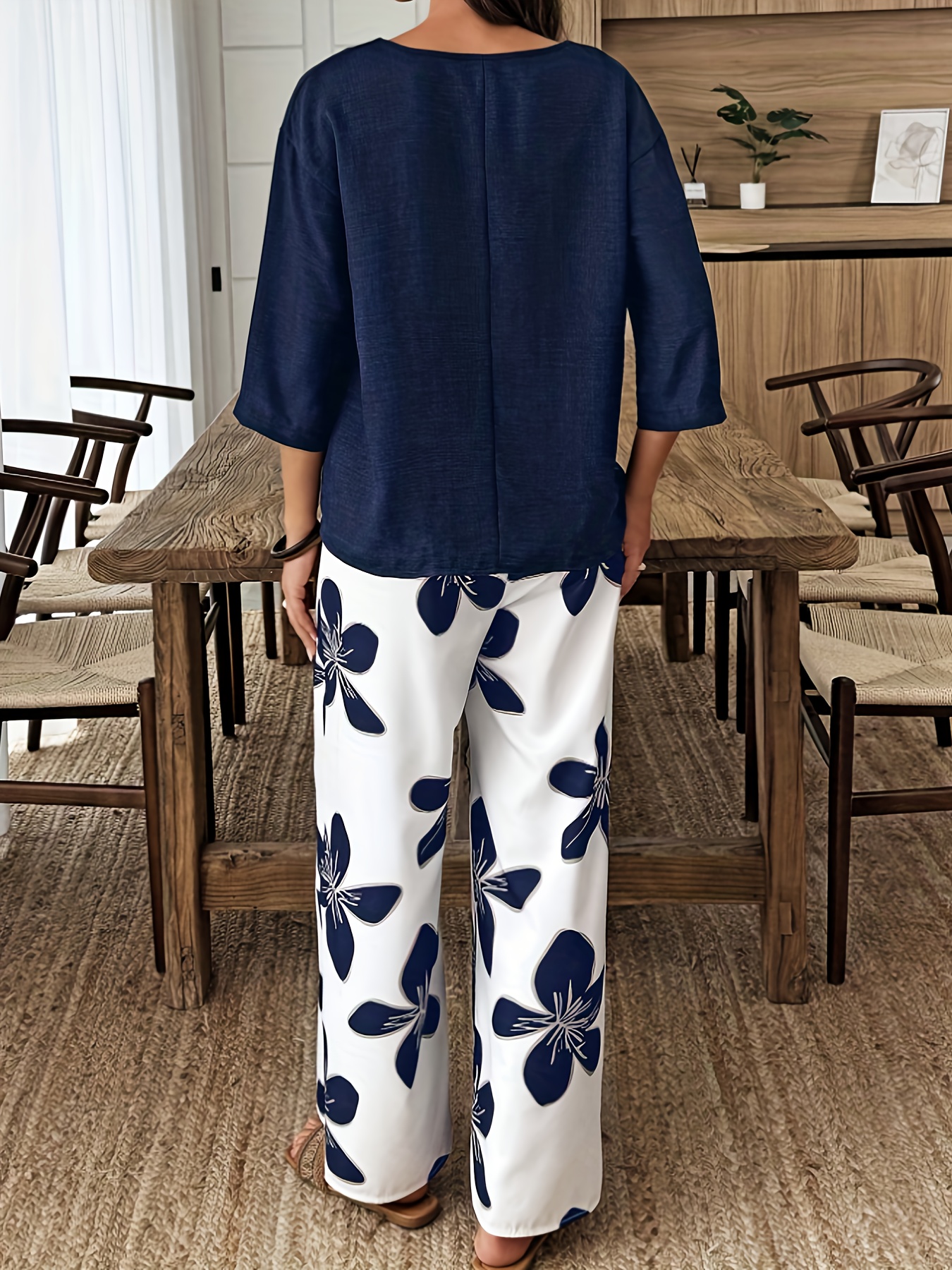 Spring And Summer Seven-Sleeve Solid Color Loose Pullover Shirt + Printed Straight Wide-Leg Pants Two-Piece Fashionable Outfit Daily Casual Elegant Set