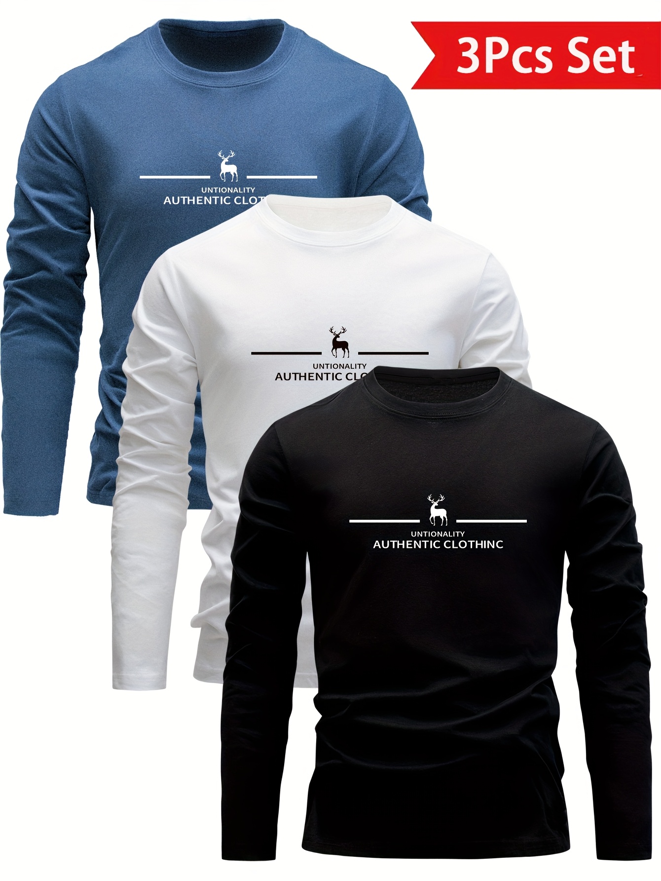 3pcs mens 100 cotton long sleeve t shirts casual crew neck   fabric   print authentic clubwear style olive green white black gift for eld gift for ramadan 0