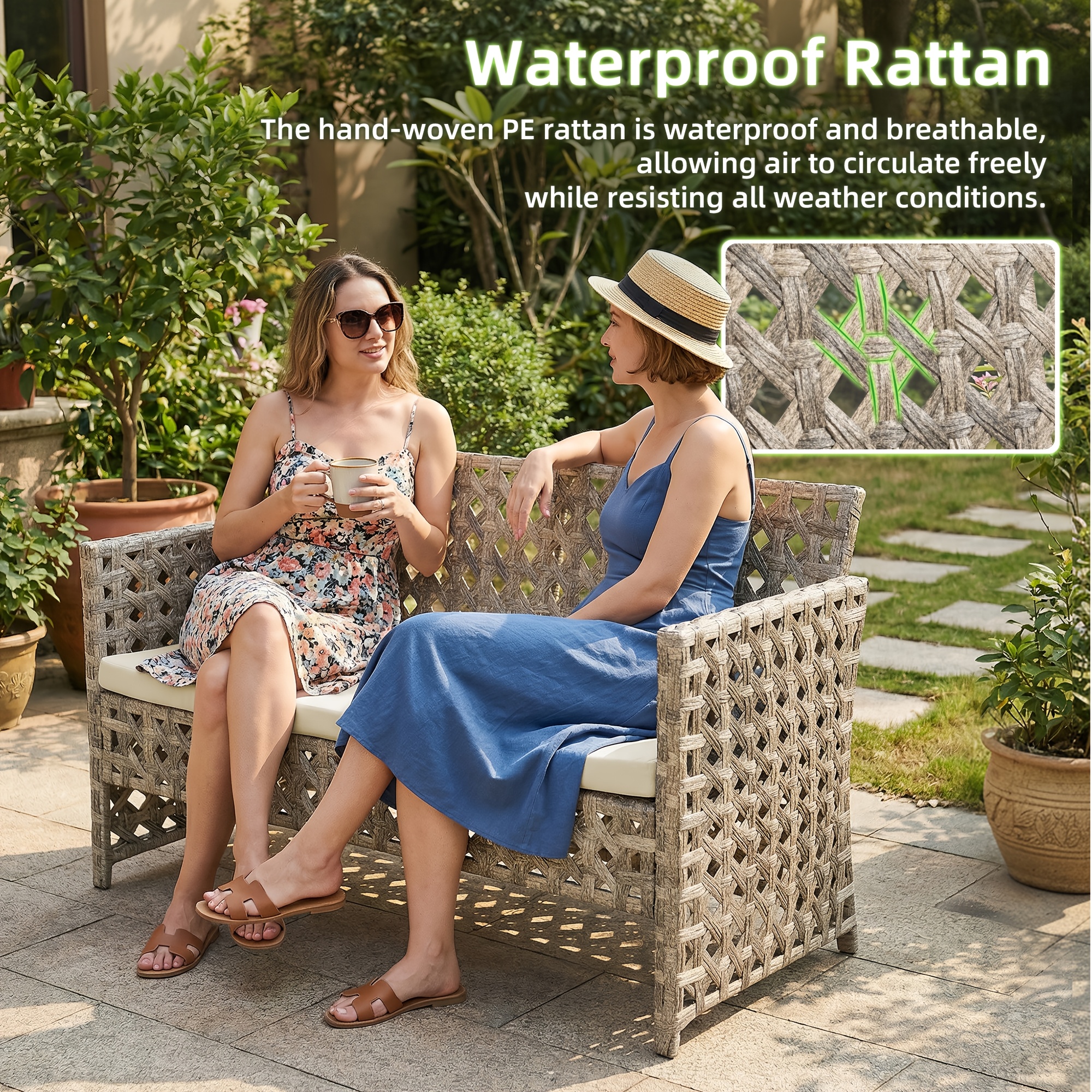 4pcs Outdoor Seating Arrangement, Durable Grey Rattan Garden Furniture Collection, Wicker Sofa with Chairs And Coffee Table, High-Back Rattan Loveseat with Comfortable Cushions for Patio, Available in 3 Fabric Color Choices