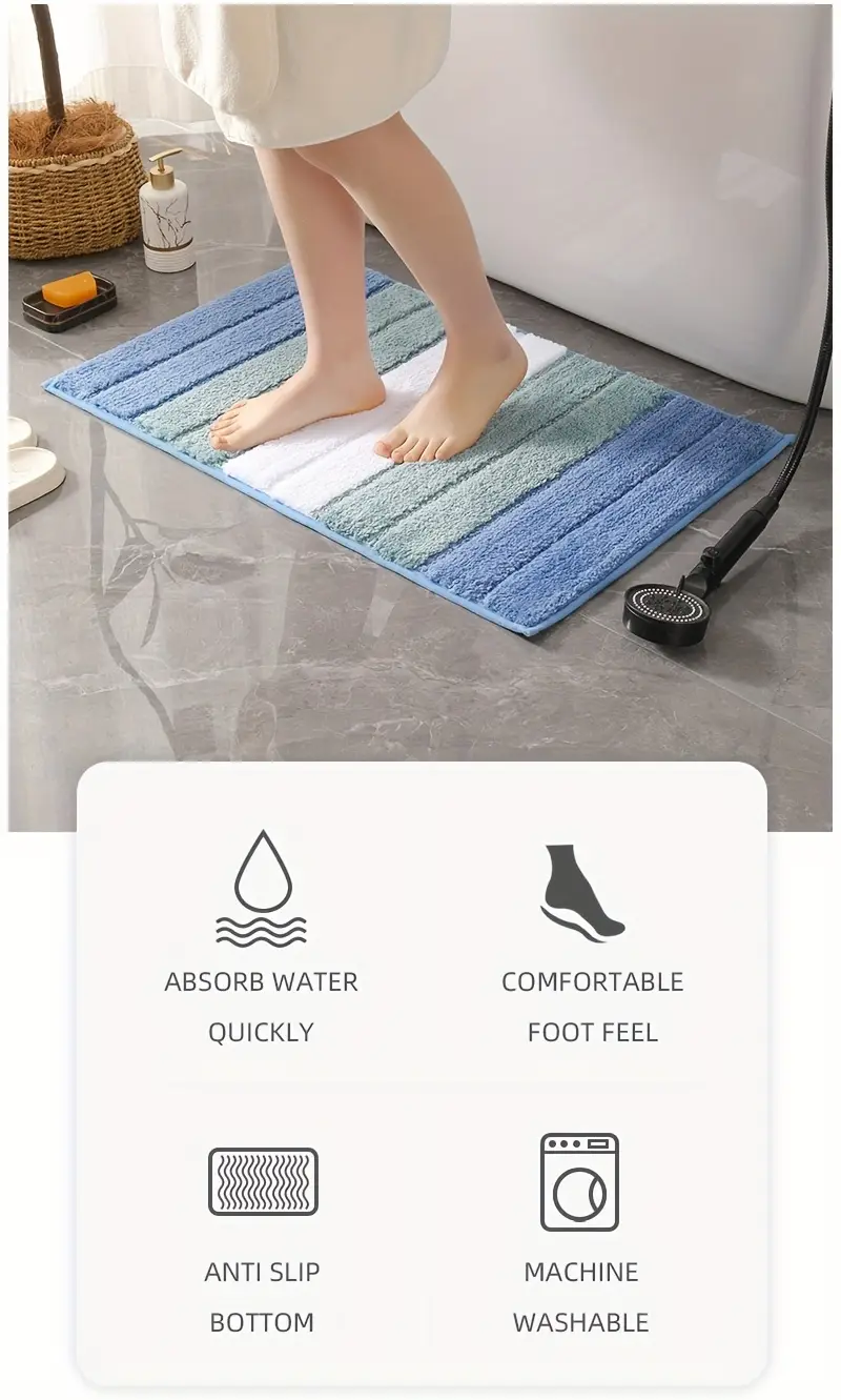 1pc striped flocking bath mat luxury thick ultra bathroom door mat non slip super soft absorbent bath rug machine washable bathroom mat suitable for bedroom living room kitchen entrance mat Product details 4