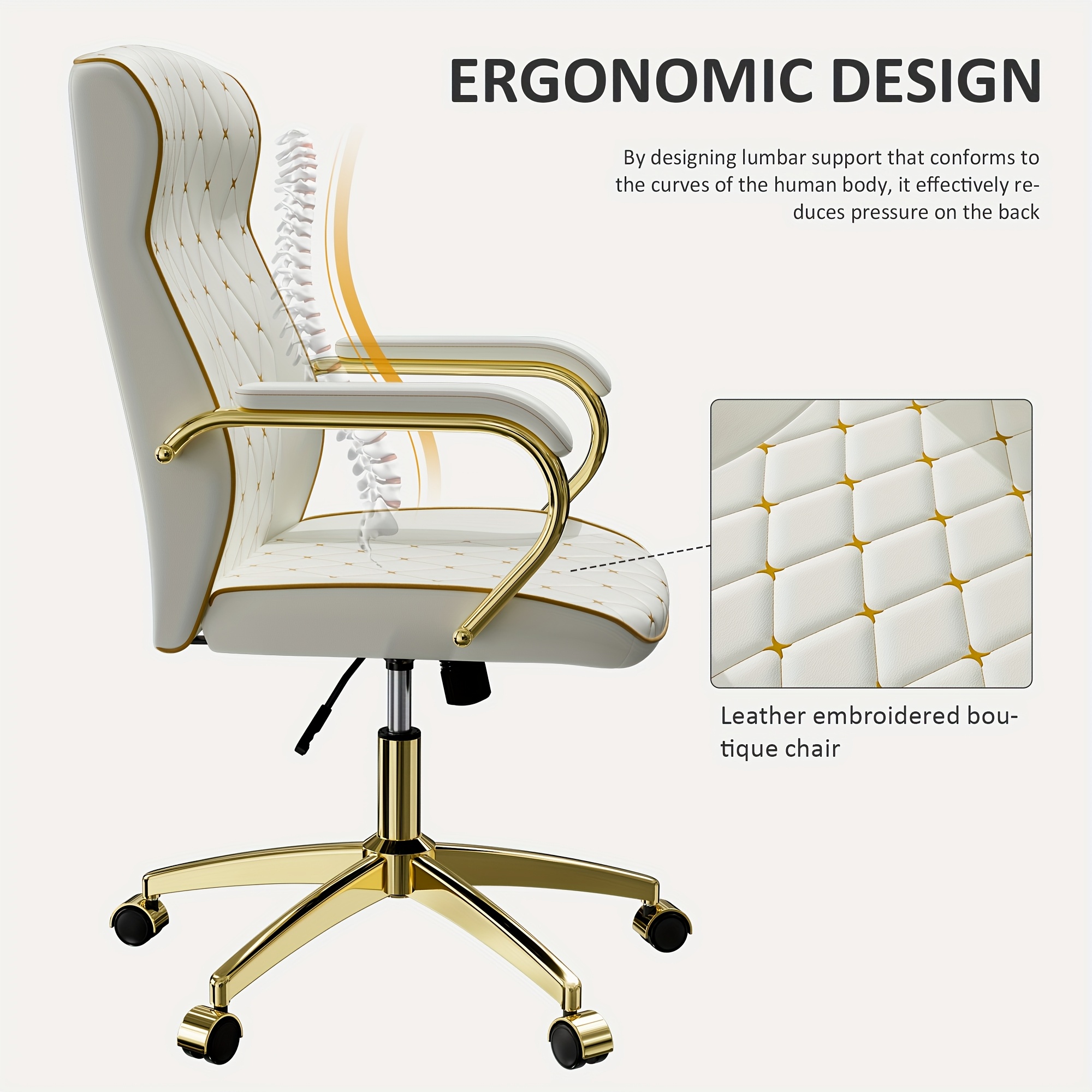Executive High Back Office Chair With Tufted Design, Ergonomic Computer Desk Chair With Padded Armrests, Faux Leather Task Chair With Golden Metal Frame