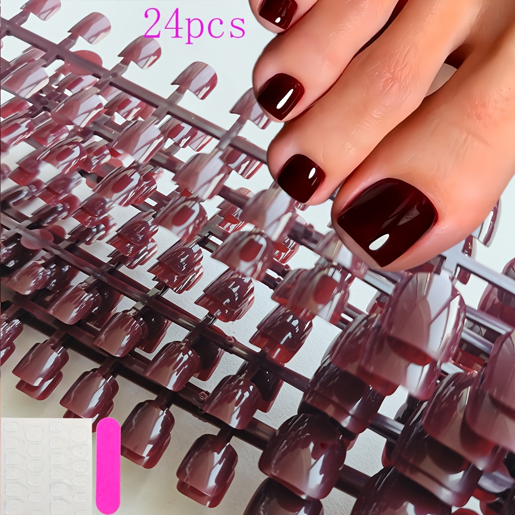 Set mit 24 Burgunderroten, aufdrckbaren Zehenngeln - Kurze, quadratische,  glnzende rote knstliche Ngel fr die Zehen, inklusive Jelly-Kleber und *  einfaches Anbringungsset fr Frauen, komplette ...