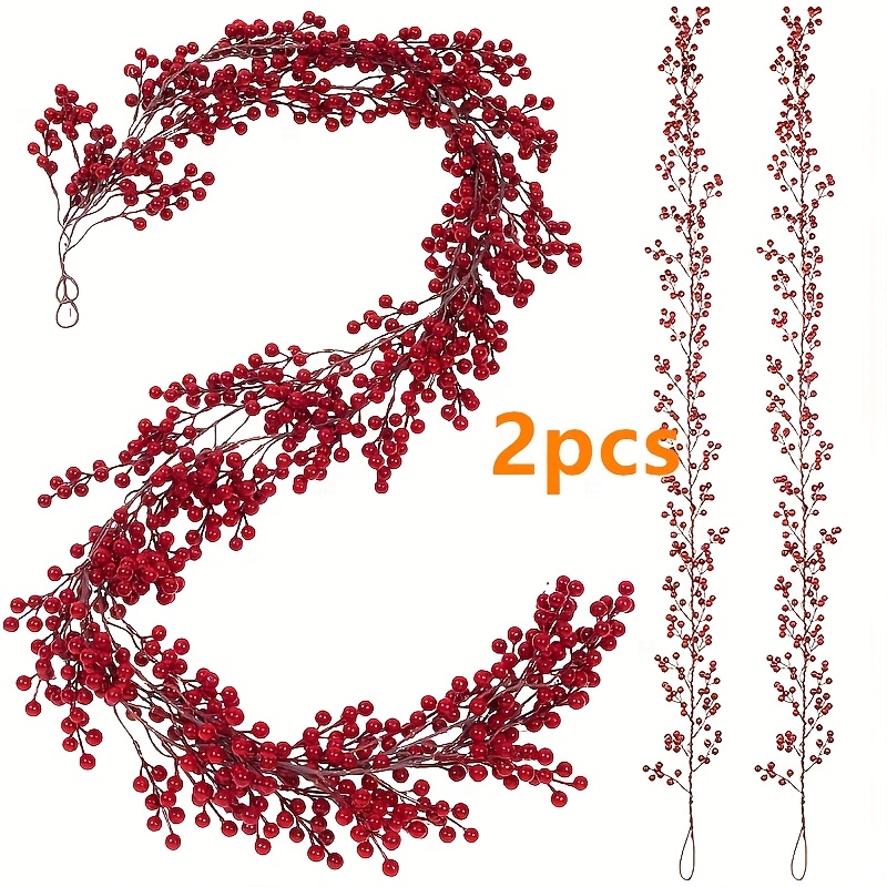 2pcs 200cm Handcrafted Style Realistic Wreaths, With Vibrant Berries And Green Leaves - Durable Plastic Indoor/outdoor Christmas Winter Door Decor, Suitable For Front Door, Mantelpiece