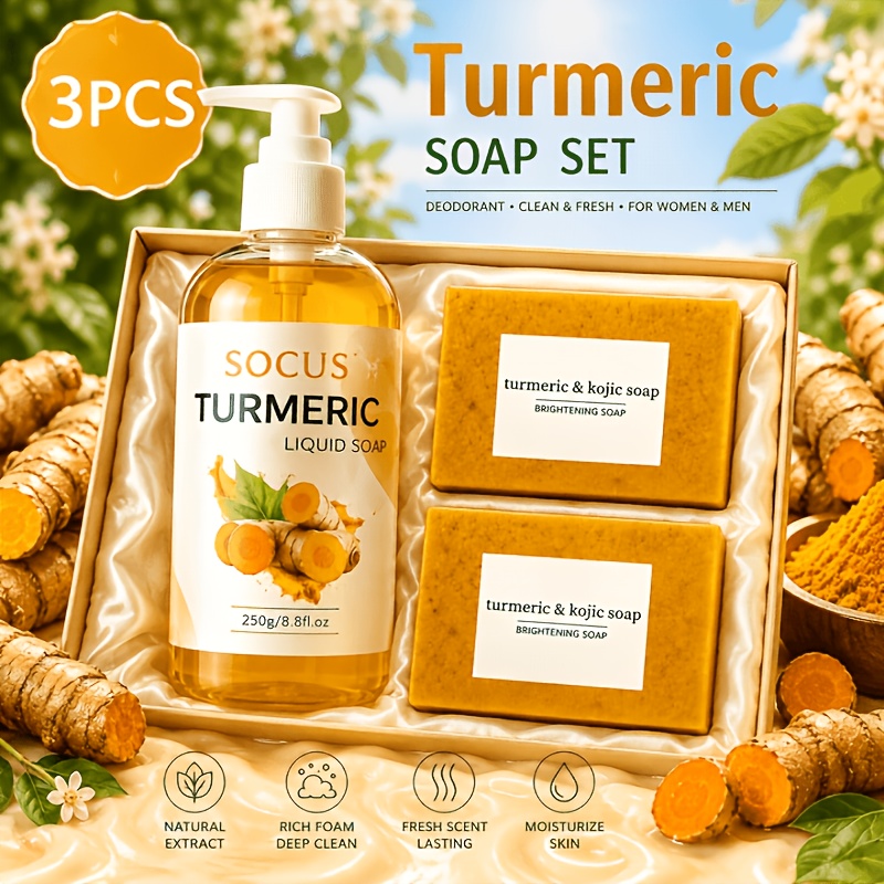 Image of 3pcs Turmeric Bath Set, Containing 2 Turmeric Soaps + Wash, Removes Body Odor, Cleans Facial Pores, Gently Regulates Oil Secretion, Moisturizes And Skin, While Keeping You Fresh For A Long Time