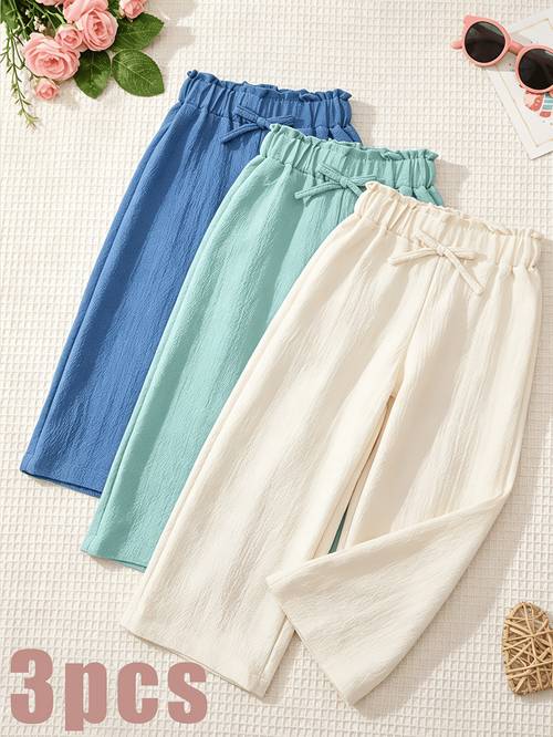 3pcs 3pcs girls wide leg pants with bud waist bow elastic waist suitable for lightweight breathable loose fit trousers solid color casual pants for casual attire hand washable for to outdoor