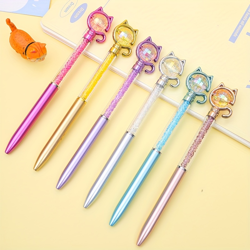 TEMU Lot de 6 stylos à bille torsadés mignons de chat avec scintillants, encre bleue 0,7 mm, stylo d'écriture couleur métal avec strass pour de