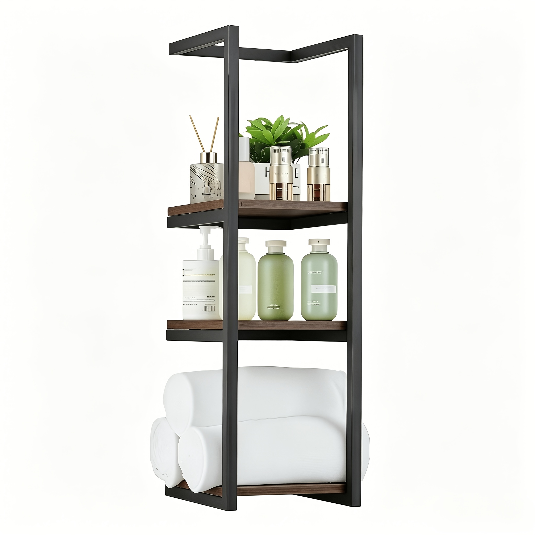 Space- Bathroom Shelf - Multi-functional Steel/wood Combo, Wall-mounted Towel Rack With Essentials Holder | Compact Storage For Small Bathrooms, Apartments, Dorms, Towel Racks