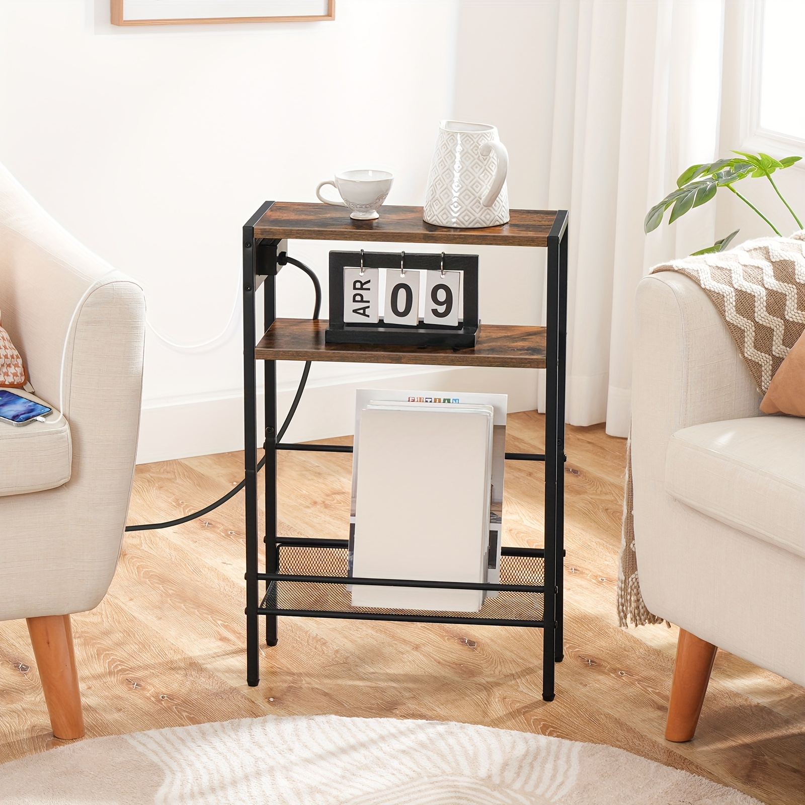 Slim Side Table with Charging Station, Narrow End Table for Small Spaces