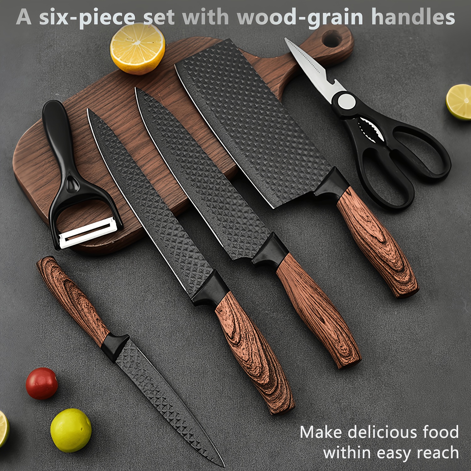 item picture a set of 6 kitchen stainless steel household knives including a small vegetable knife chefs knife multi purpose knife fruit knife peeler knife scissors with comfortable wooden handles that   for smooth cutting and  