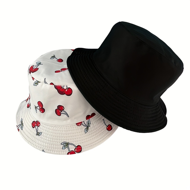 

1pc Reversible Bucket Hat Cherry Pattern Fisherman Cap Versatile Casual Hats For Women