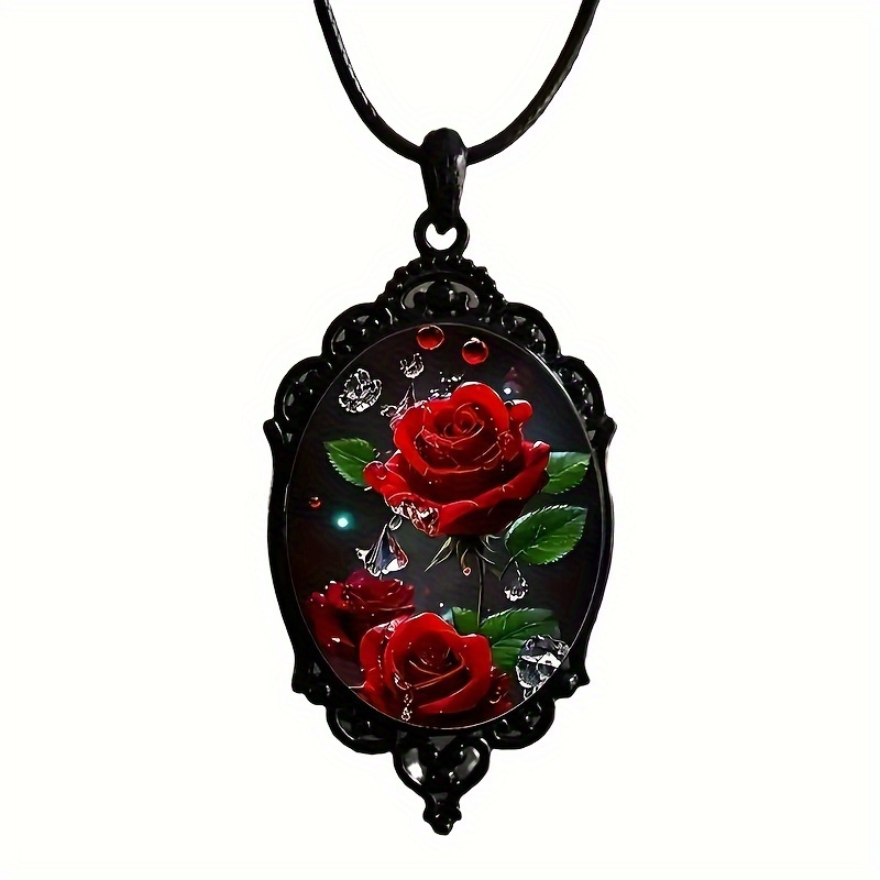 

Elegant Pendant Necklace With Black Oval Frame - Vintage Romantic Glass , Valentine's Day & Anniversary Gifts.