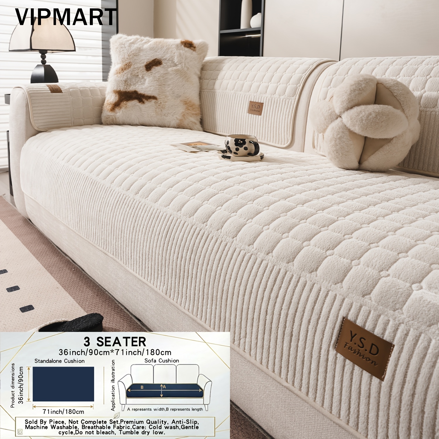 TEMU 1pc Plush Sofa Cushion Cover - Diamond Quilted Pattern With Striped Skirt Border, Soft Comfortable Anti-slip Design, Pet-friendly Machine