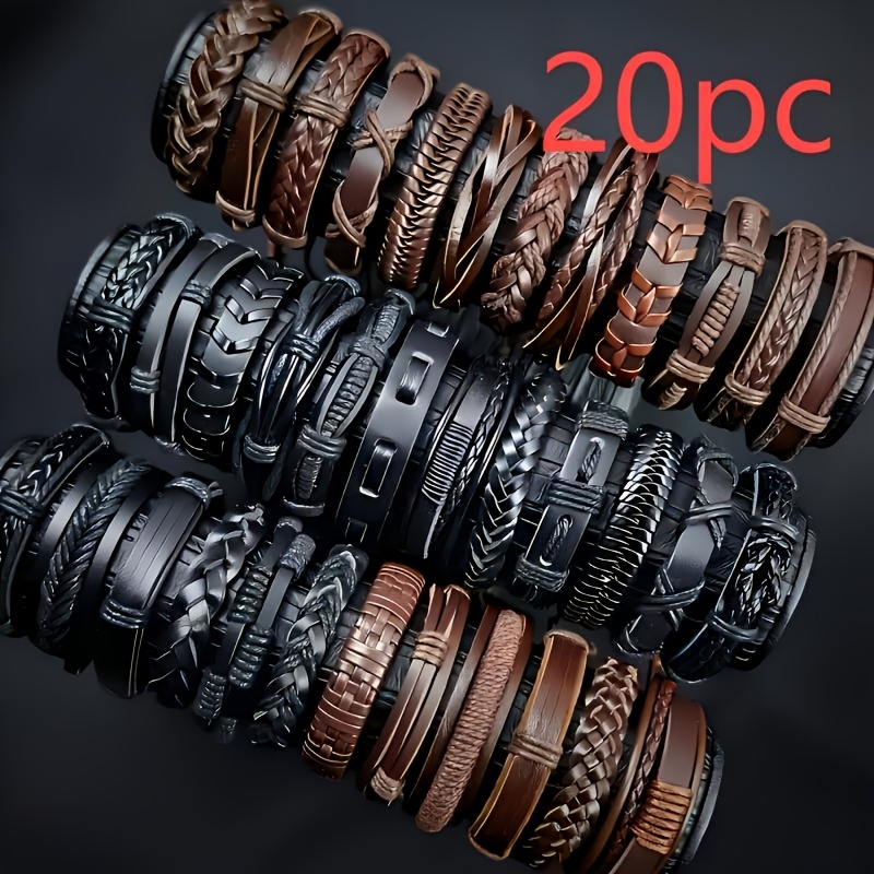 Image of 20pcs Pu Leather Bracelet Set For Men & - Adjustable Cord & Slotted Tablet-wrap Braided Chains, (black/brown) Bohemian Style, No Gift Box, Daily & Party For Wear