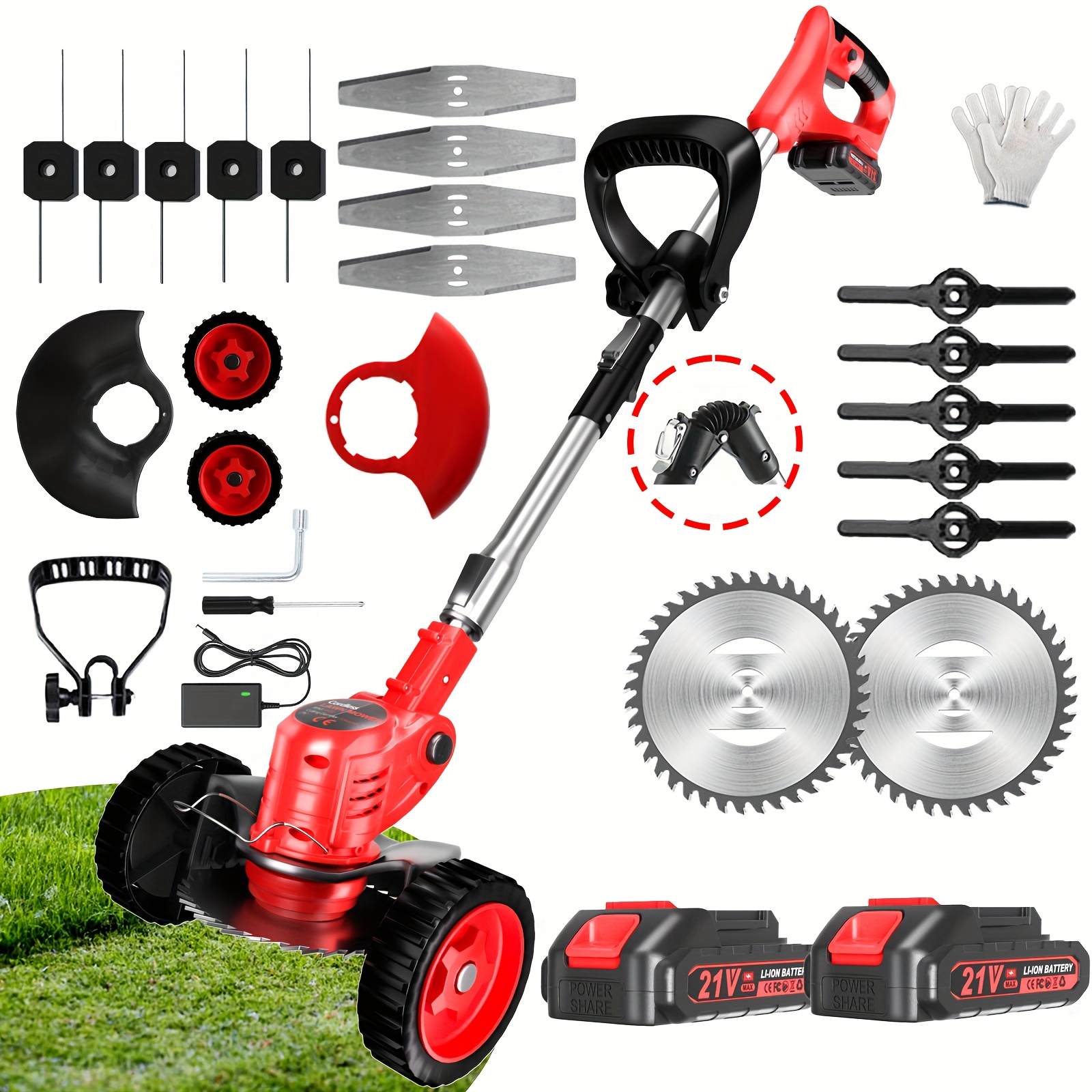 TEMU Electric 21v Cordless Lightweight Edger Grass Trimmer/lawn Edger/mower/brush Cutter, Battery Powered With 3 Types Blades And Wheels For Yard And