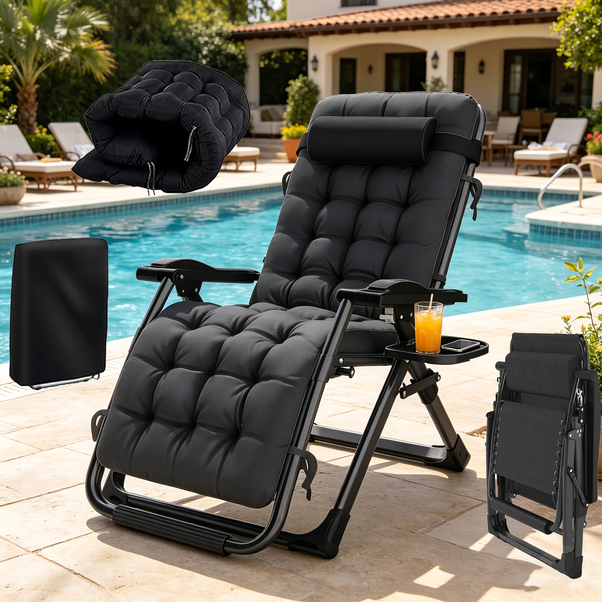 Foldable Reclining Chair, "camping Chair", 200 Kg Load Capacity – Adjustable, Includes Headrest, Cup Holder & Seat Cover, Suitable For Gardens, , & Camping (black, Grey, 77 Cm)