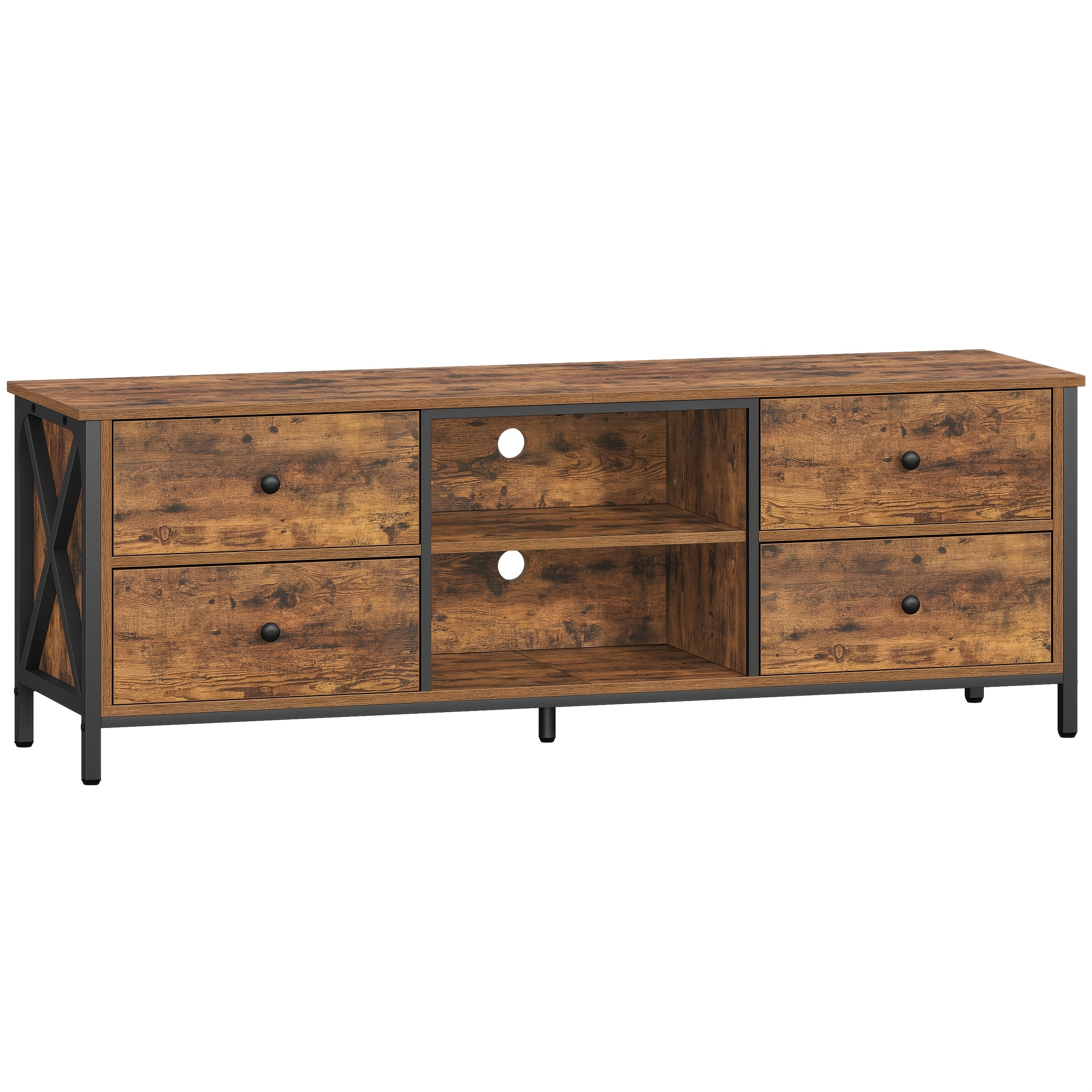 Tv Cabinet With 4 Drawers, Tv Stand For Tvs Under 65 Inches, With 2 Open Compartments, 40 X 147 X 50cm, Tv Cabinet For Living Room, Bedroom, -black