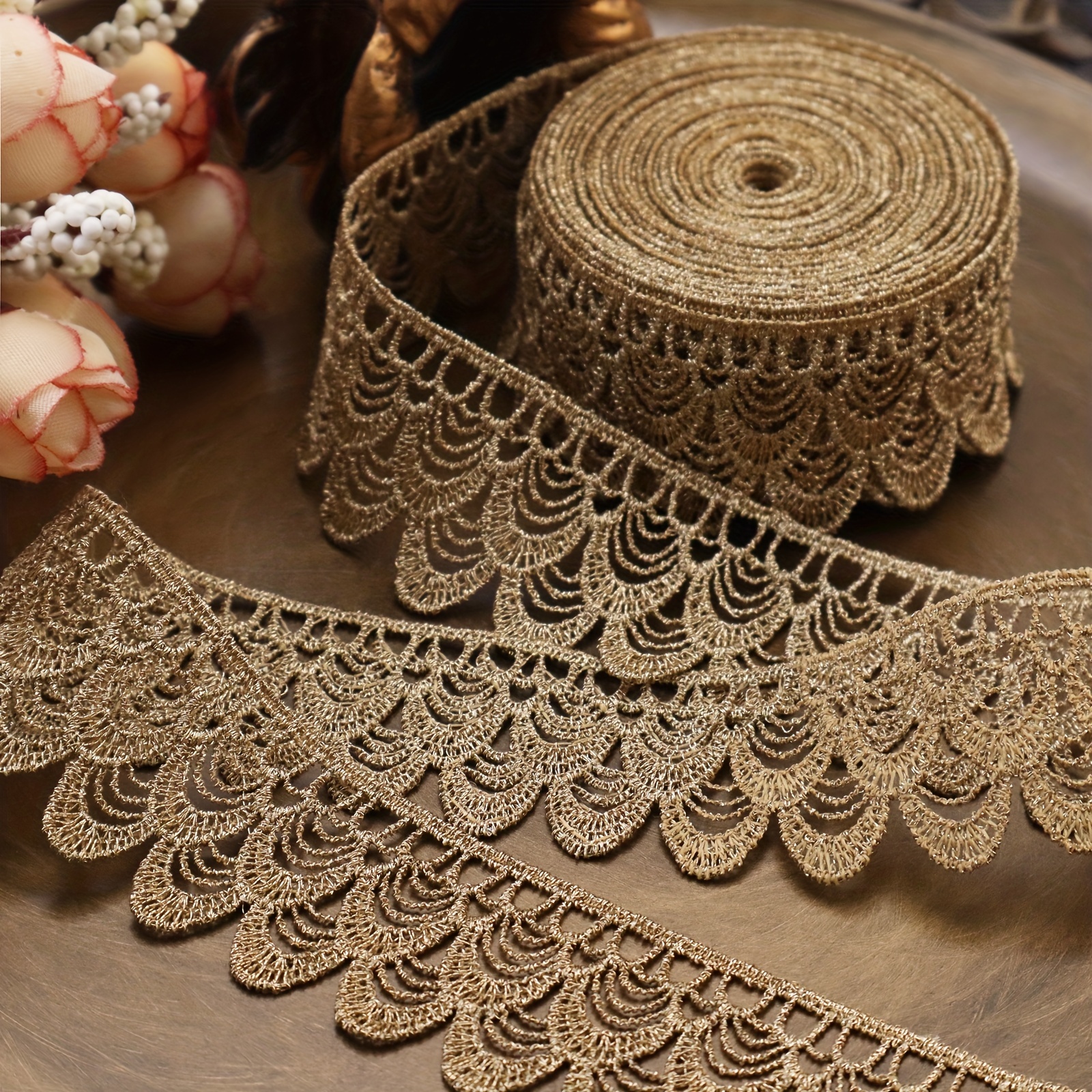 TEMU 1 Yard de Bordure en Dentelle Dorée Vintage Crochet, Ruban en Dentelle Artisanale pour Couture, Emballage de Cadeaux, Décoration de Mariage,