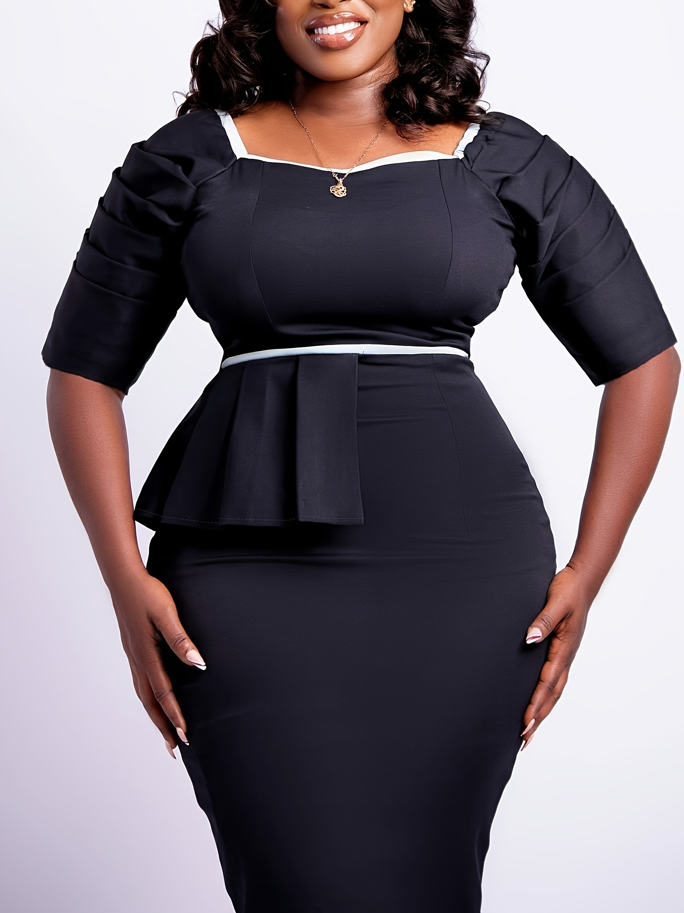 Women's Midi Dress with Cinched Waist & Ruffled Hem - Short Sleeve Square Neck Pencil Suitable for Work, Office, Commuting - Machine Washable Bodycon Dress with Color-Blocked Hemline (No Chest Padding)