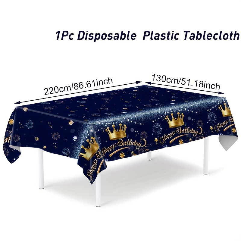 Image of 1pc, Wedding Decorations, Summer Decoration, Decor For Outside, Decor, Blue Golden Happy Birthday Tablecloth, Disposable Plastic Tablecloth, Birthday Table Decor, Happy Birthday Decorations