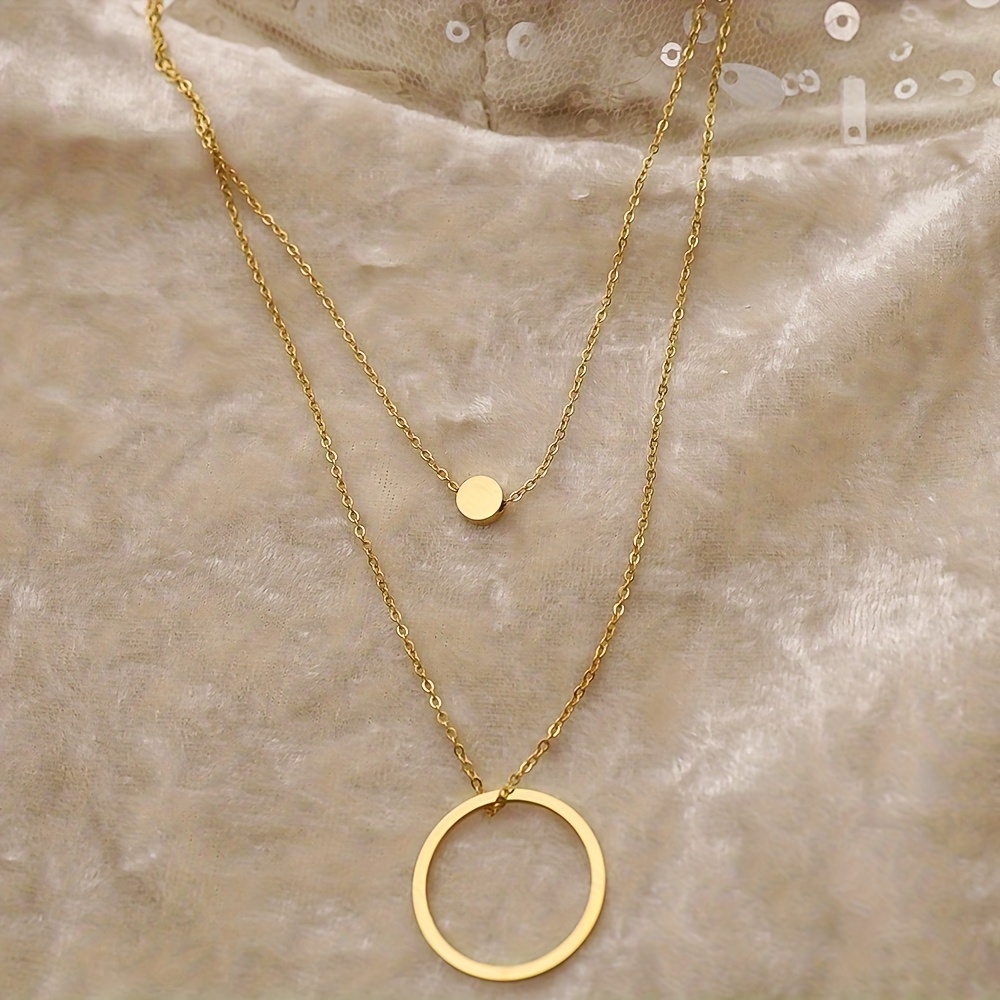 Image of Hollow Round Pendant Necklace With O-link Double Chain, 316l Stainless Steel, 18k Gold Plated, Fashionable And Minimalist Style, Perfect For Casual Attire