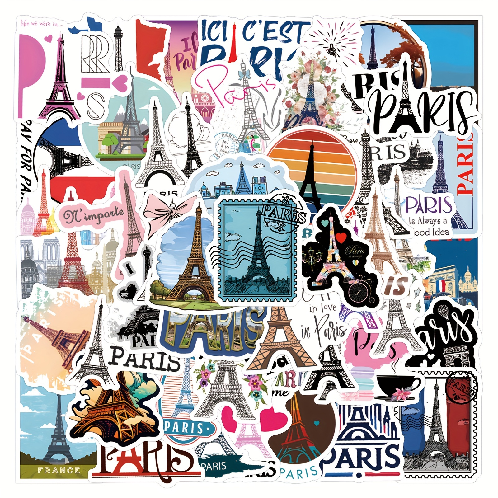 

55pcs Paris Themed Stickers - Synthetic Paper Self-adhesive Decals With , Reusable Crystal Embellished For Scrapbooking, Laptops, , Water Bottles, Phones - Irregular Shapes For 14+