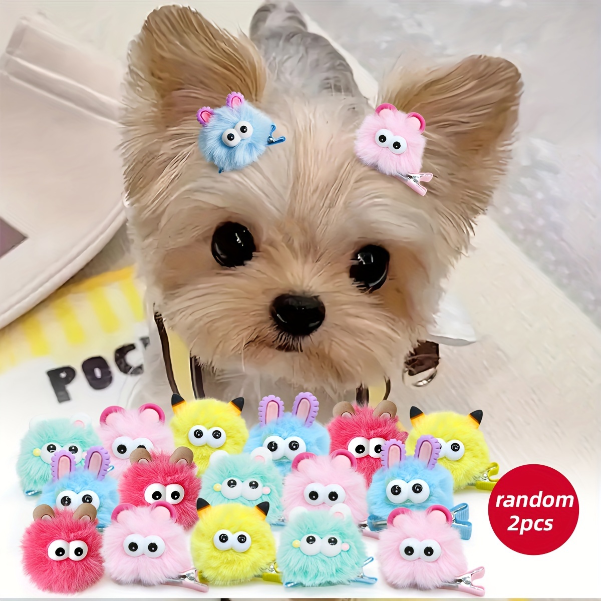 

Cartoon Fuzzy Pom Pom Hair Clips For Pets, Cute Fluffy Ball Hair Accessories With Cartoon Ears, Random 2pc Set For Dogs And Cats