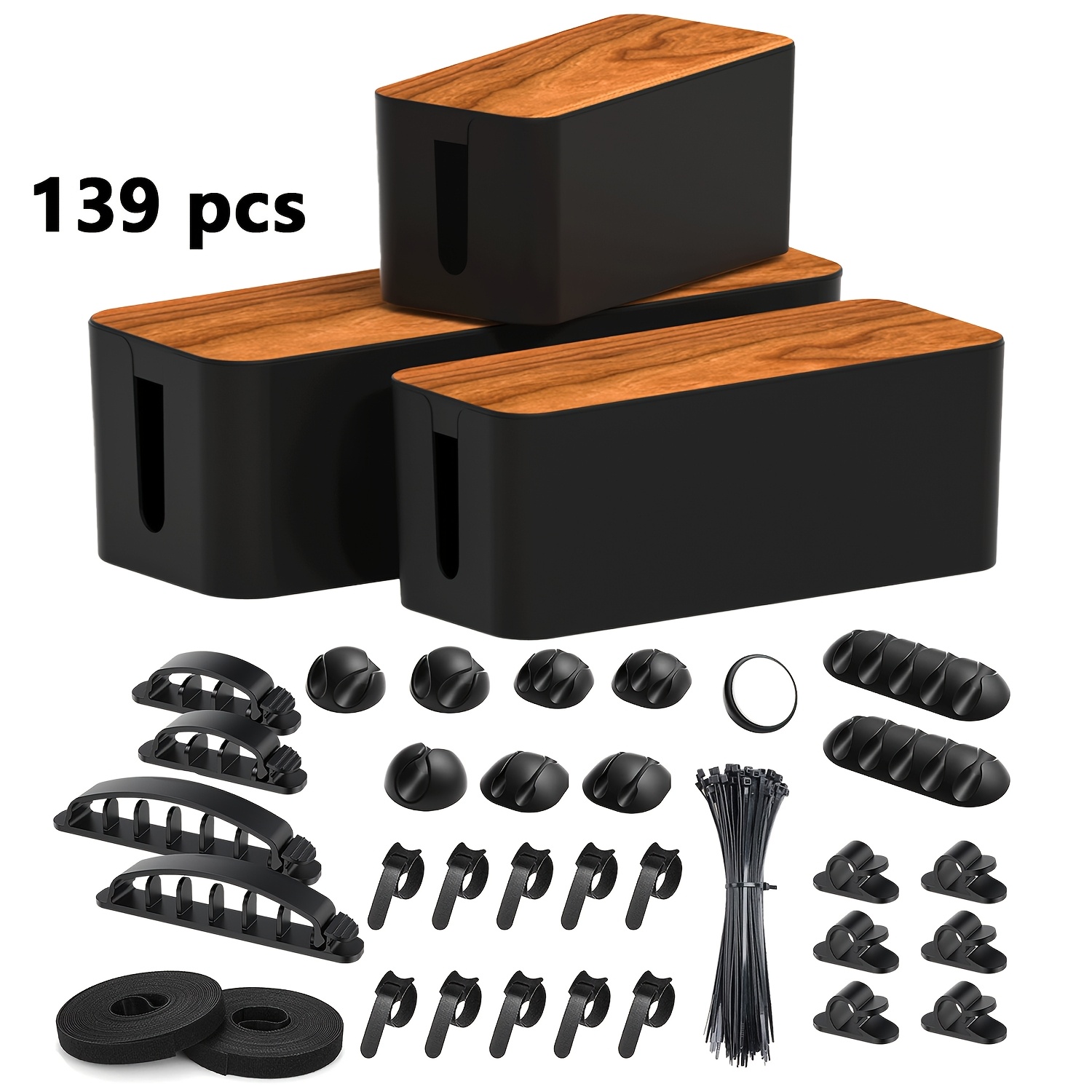 

3pcs Wooden Cable Management Box Set With 136pcs Kit, Safe Abs Material, Cord Clamping Tubing For Home And Office Electrical Outlet Cord