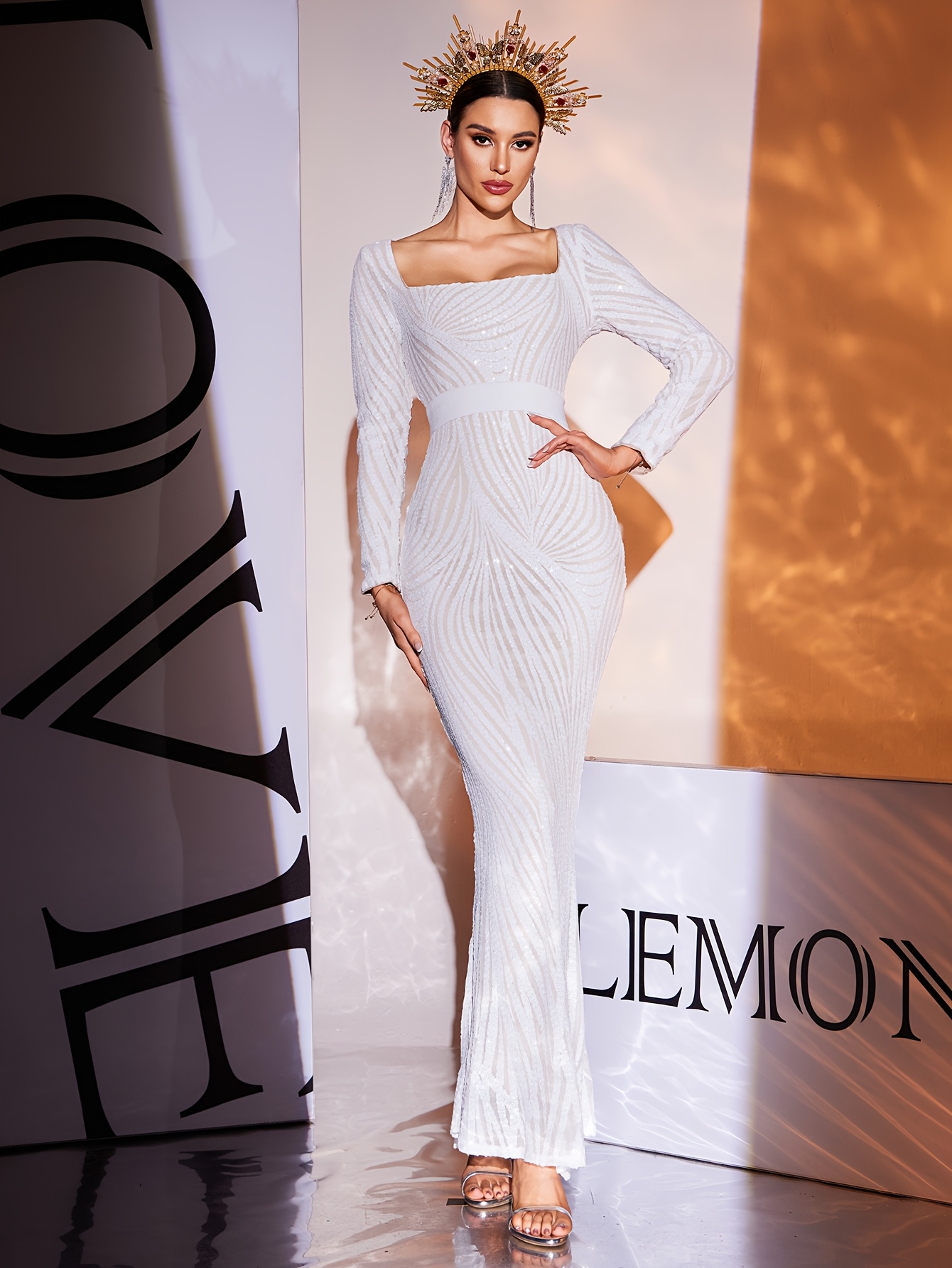 sequin square neck long sleeve white dress | Temu Mauritius