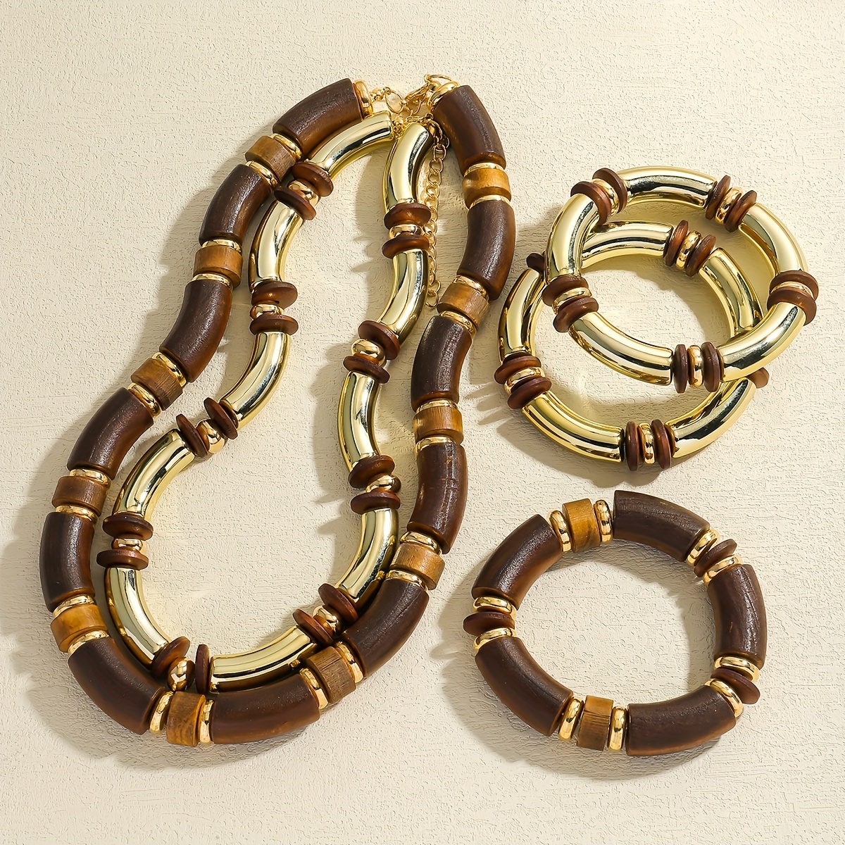 Vintage Boho Wooden Bangle & Necklace Set - Light Brown Tone