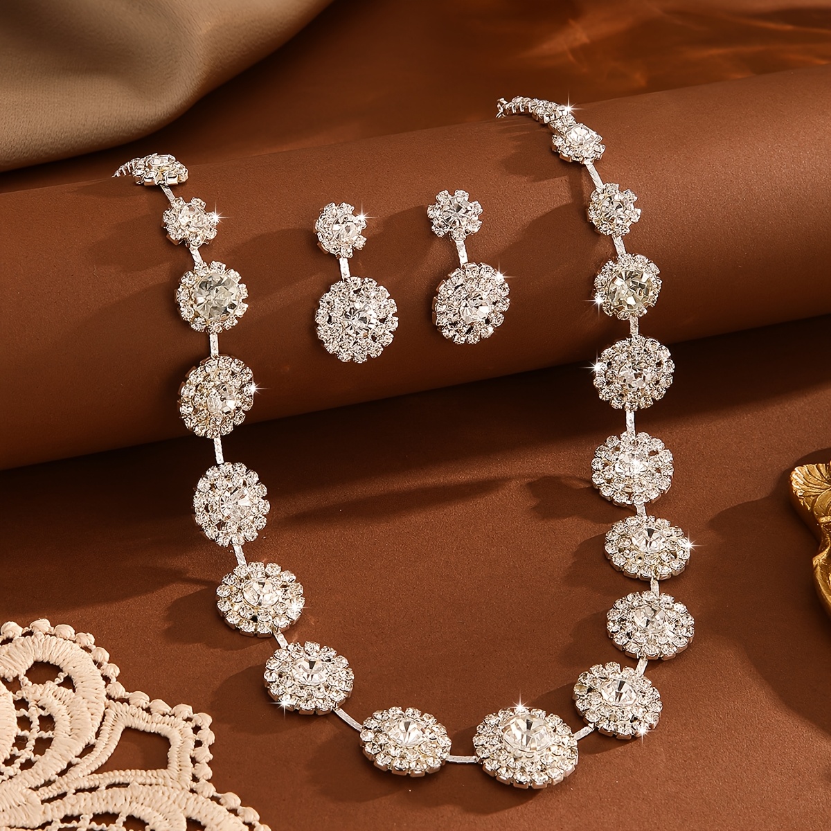 Image of Handmade Jewelry Accessories 1 Pair Of Earrings 1 Necklace Elegant Jewelry Set Plated With Silvery Inlaid With Shiny Artificial Crystal Suitable For Party, Ball Wedding, Gift